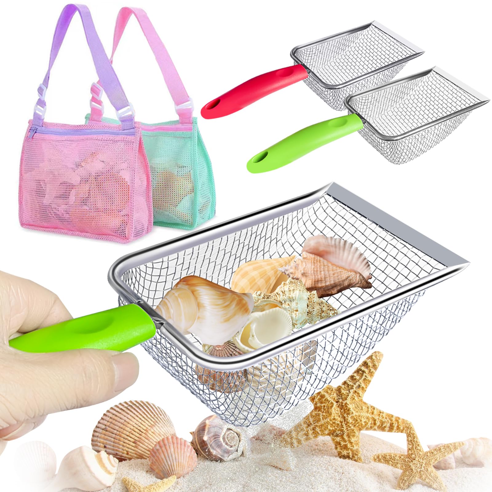 2 Sets Beach Mesh Shovel with Seashell Bags,Sand Sifter for Seperating Shells Shark Tooth, Sand Scooper with Sand Toy Bags for Collecting Seashell Toys Swimsuits Storage Bag, Beach Toy Tools
