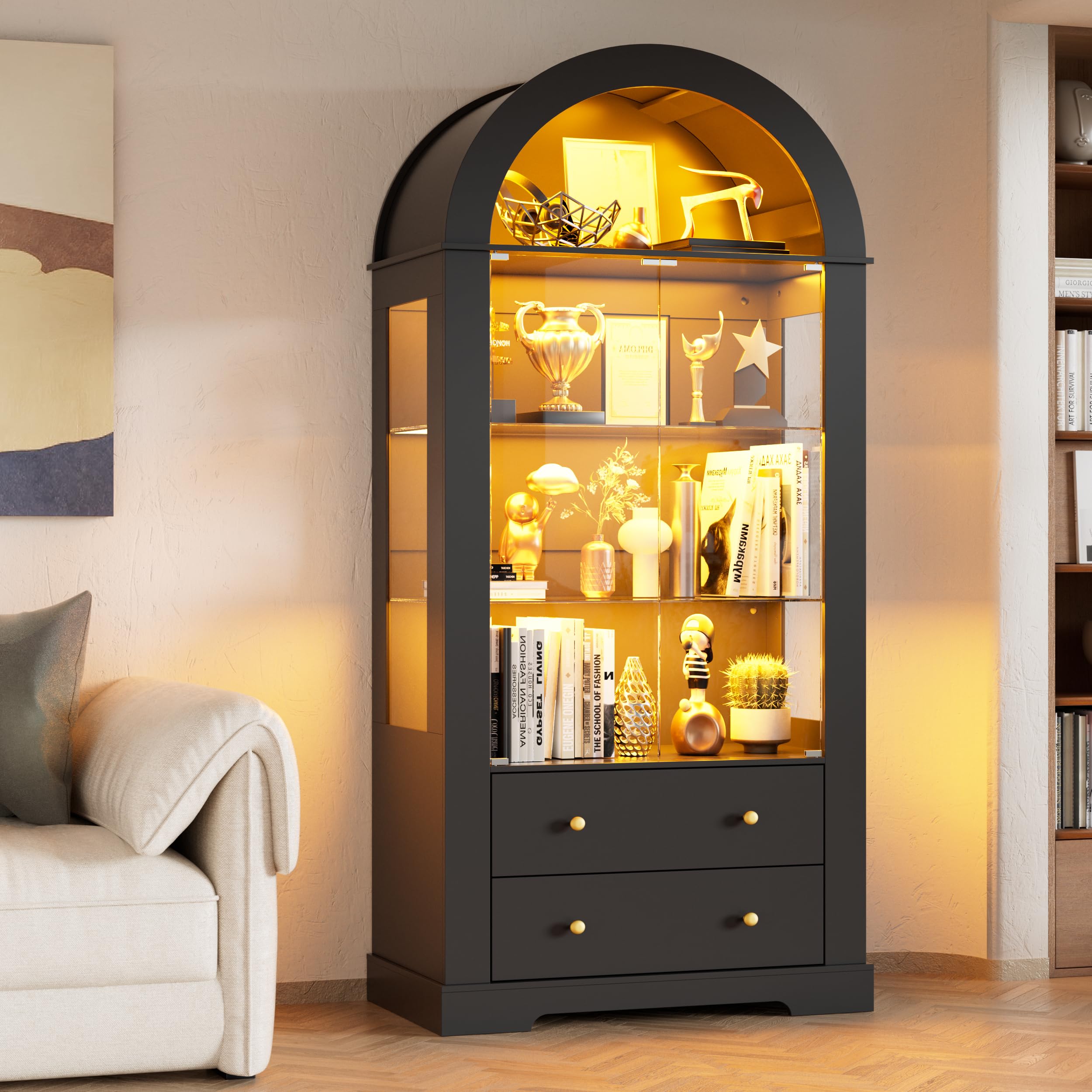 Vitrina Cristal Arqueada LED, 185cm Vitrina Expositora con Puertas de Cristal, Vitrina Coleccionista de Arco con 4 Estantes de Exhibición y 2 Cajones, Salón Dormitorio,Pasillo,Oficina,Negro