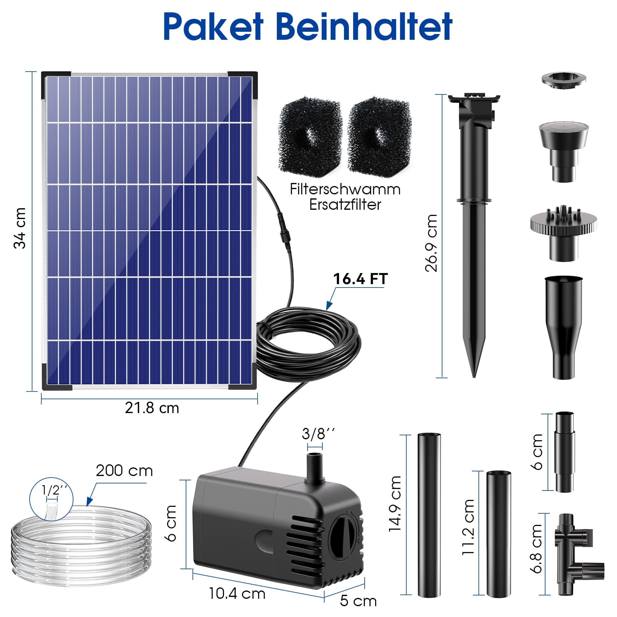 Biling Solar Springbrunnen für Außen, 12W Solar Teichpumpe 605L/H Leise mit 4 Düsen und Schlauch, Solarbrunnen für Draussen für Gartenteich bis 5㎡ DIY Wasserspiel Brunnen-Dekoration Blumenkasten