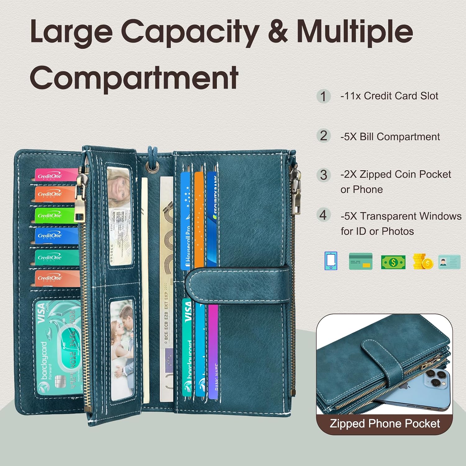 Wallet Women RFID Blocking PU Leather Card Holder Large Capacity Zip Wristlet Clutch Long Ladies Travel Clutch Wallet Purse with Zipper Phone Pocket & 11 Credit Card Holder image 2
