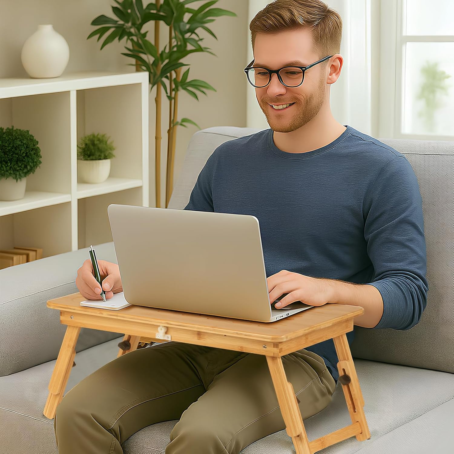 Bamboo Laptop Desk for Bed, Height & Angle Adjustable Foldable Lap Desk with Drawer & Cup Holder, Portable Bed Desk Table for Working, Reading, Writing or Breakfast on Sofa, Couch or Floor