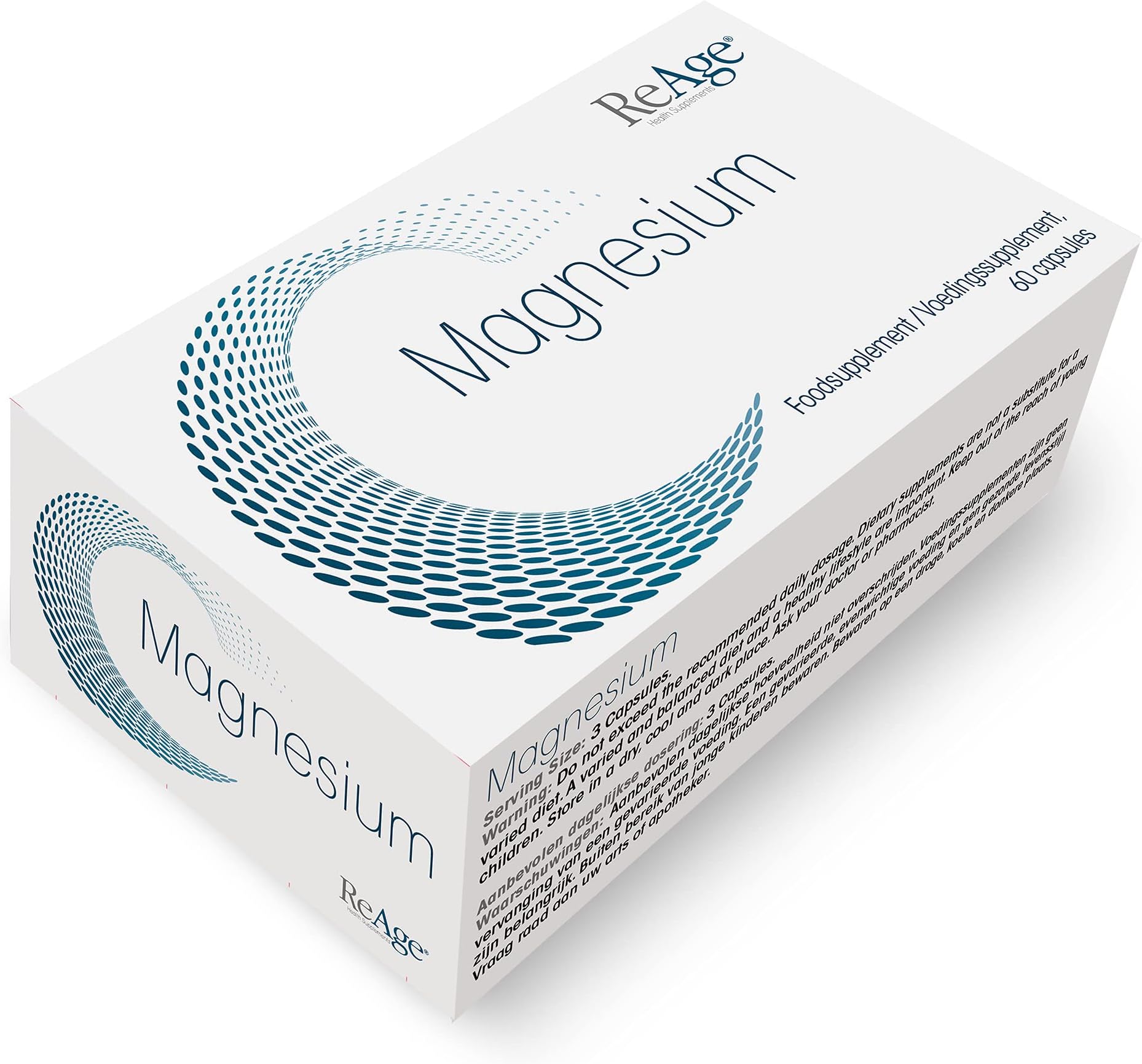 High-Absorbent Magnesium Supplements | 100% Natural and Premium Ingredients for Body and Overall Fitness | Improves Muscle and Nerve Action | 60 Capsules Made in The Netherlands by ReAgeยฎ