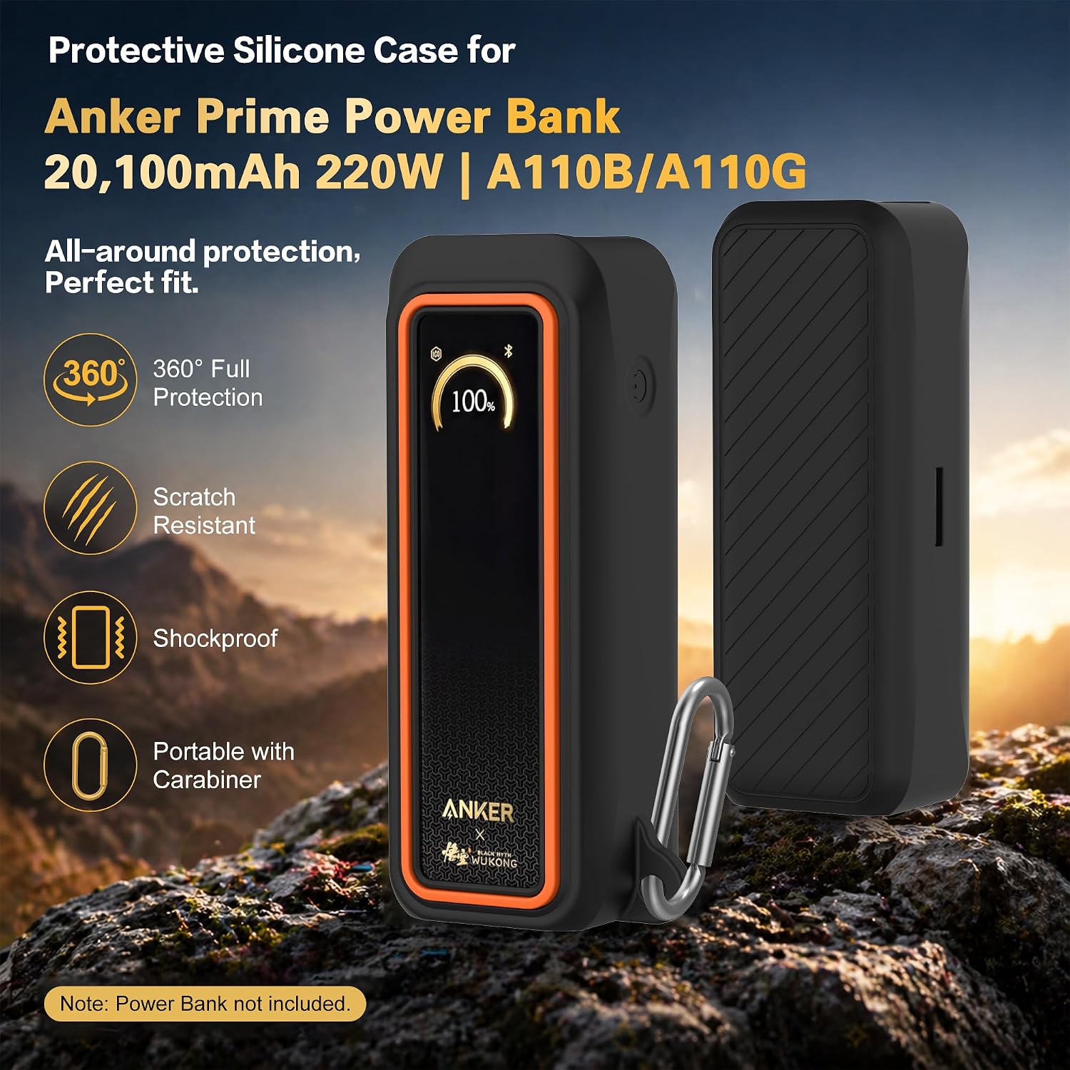 Silicone Case for Anker Prime Power Bank 20100mAh 220W Travel Protective Cover, Full-Body Shockproof | Compact | Tactile Grip | Impact Protect for Anker Power Bank 220W with Keychain (Black Orange) image 2