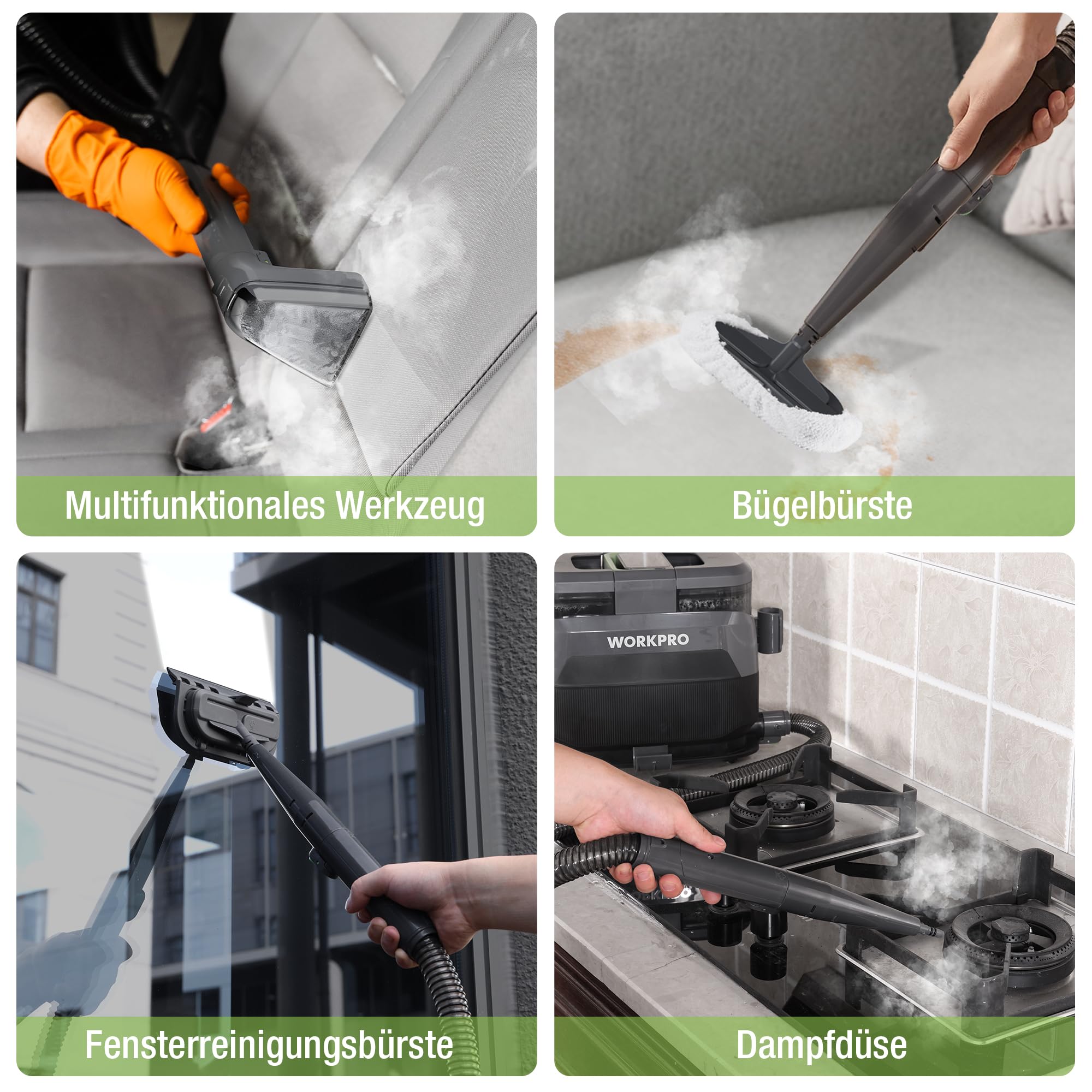 WORKPRO Teppichreiniger Waschsauger mit Dampffunktion | 16 kPa Steam Polsterreiniger Gerät, 4 Reinigungsmodi, Vielseitige Aufsätze, Spot Cleaner für Tierflecken, Sofa, Teppich