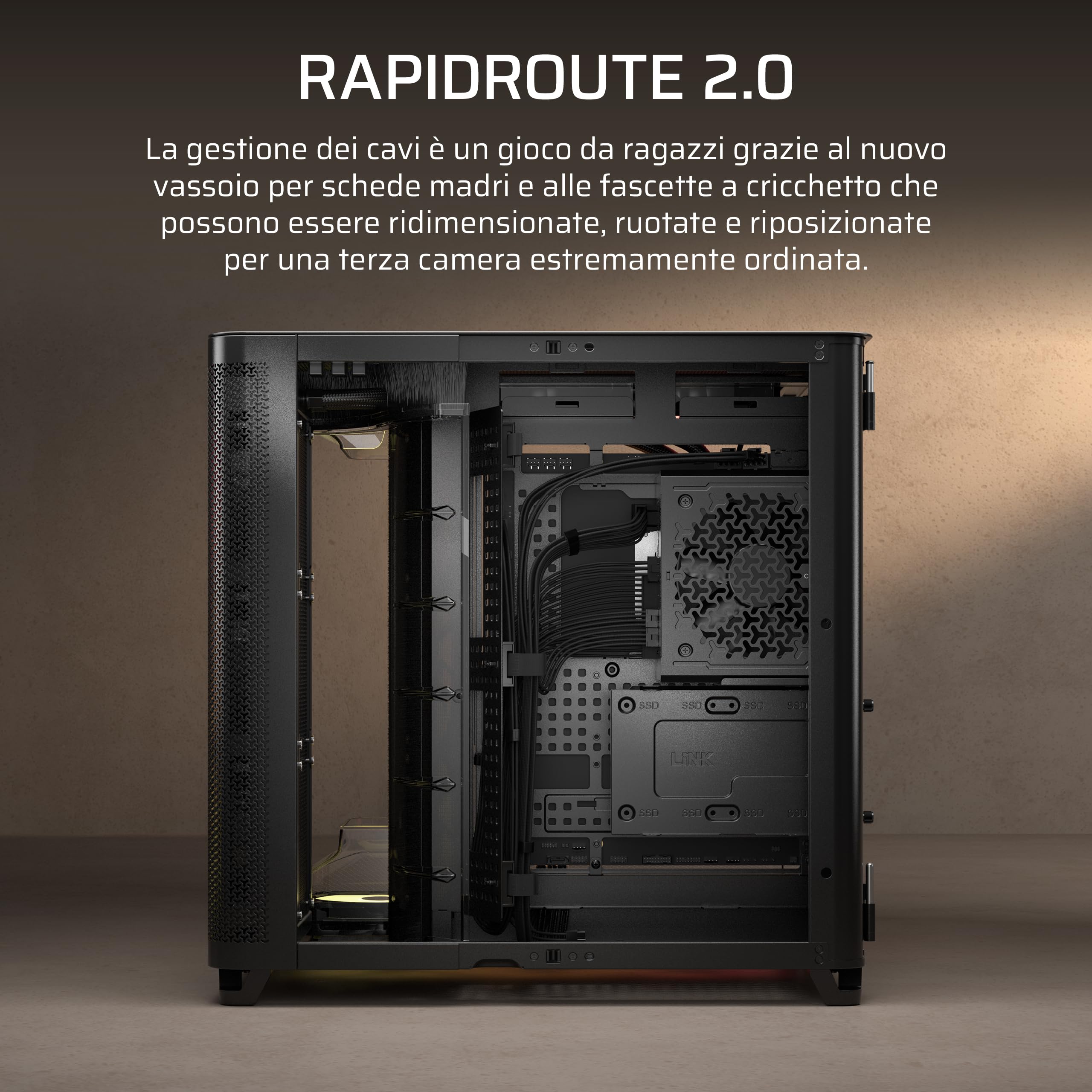 CORSAIR AIR 5400 RS-R ARGB Case PC Panoramico Mid-Tower – Nero | A Tripla Camera, 3 Ventole RS120-R ARGB Rotazione Inversa, Condotti Silenziosi ad Alto Flusso, Supporto Scheda Madre Inverso