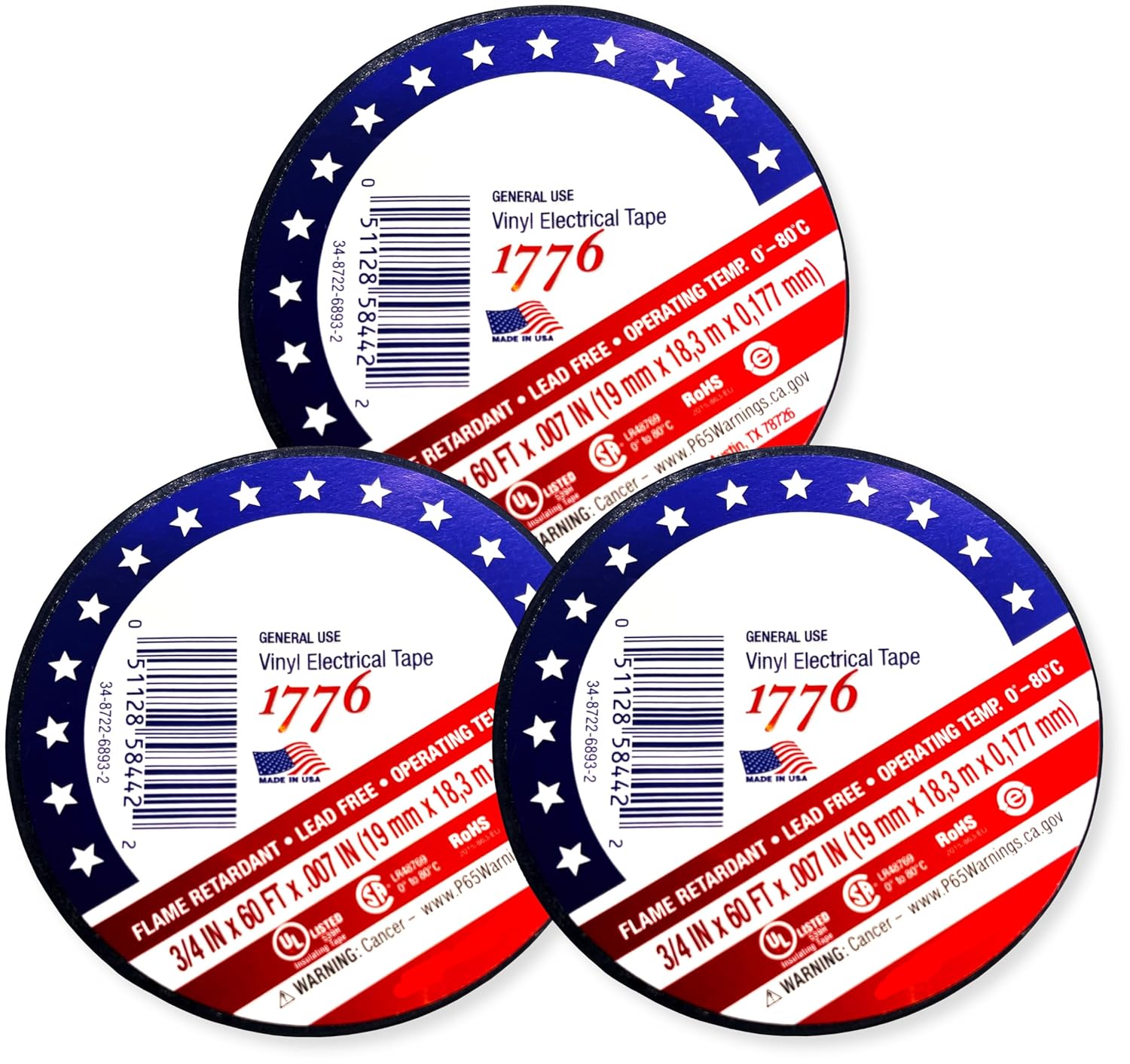 7010398066 Model 1776 Pack of 10 Vinyl Electrical Tapes, 3/4 Inch x 60 Feet, Black, 1-1/2 Inch Core, 7 mil Thick, Flame Retardant, Insulating Tape for Wire Harnessing and Cable Splicing