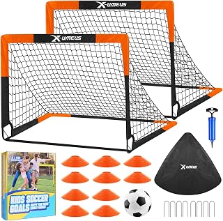 X-UMEUS Kids Soccer Goals Backyard Set of 2, 4x3ft Pop Up Portable Nets with Ball, Cones, Pump for Ages 3-12 Training