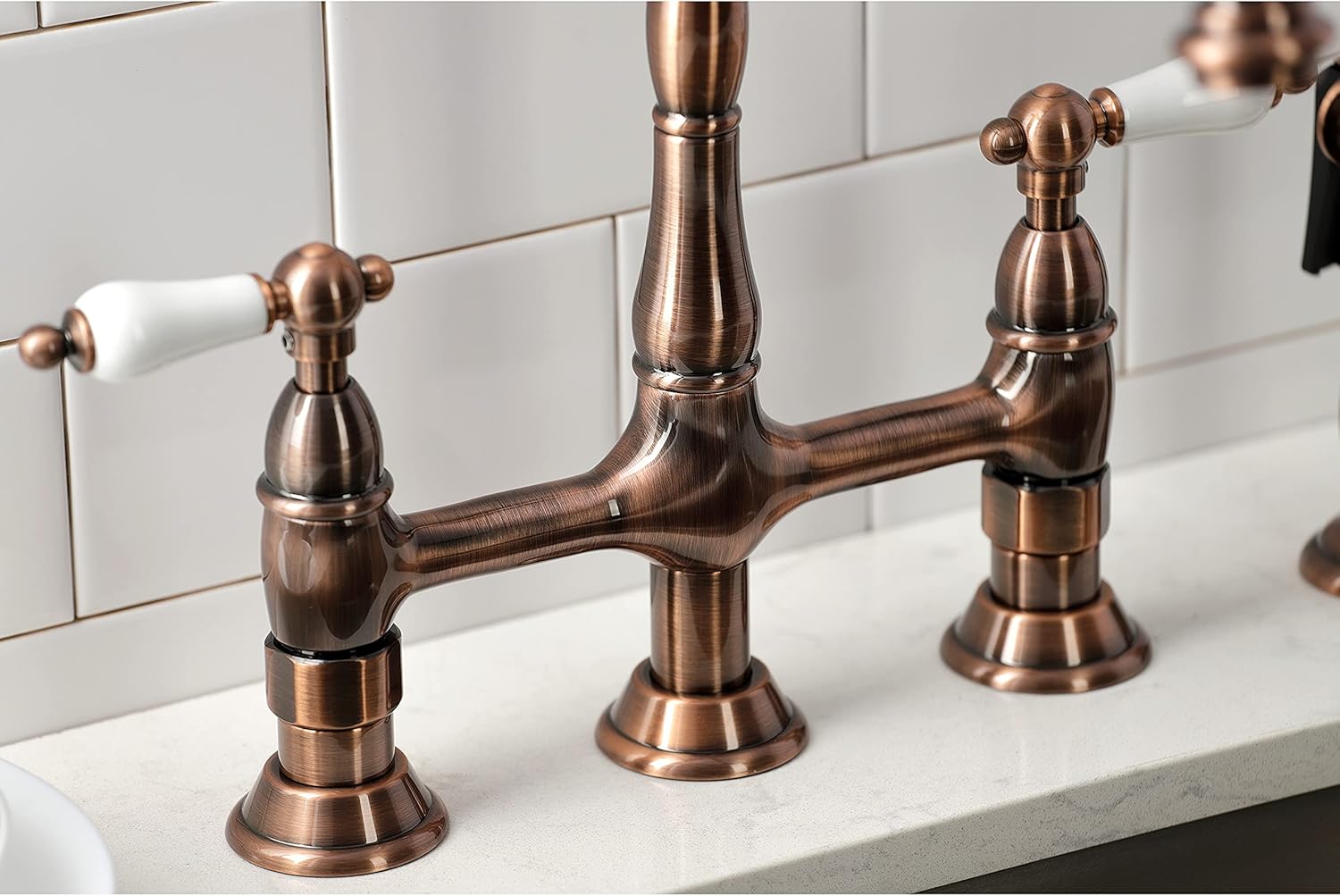 Kingston Brass KS127PLBSAC Heritage Bridge Kitchen Faucet with Brass Sprayer, Antique Copper