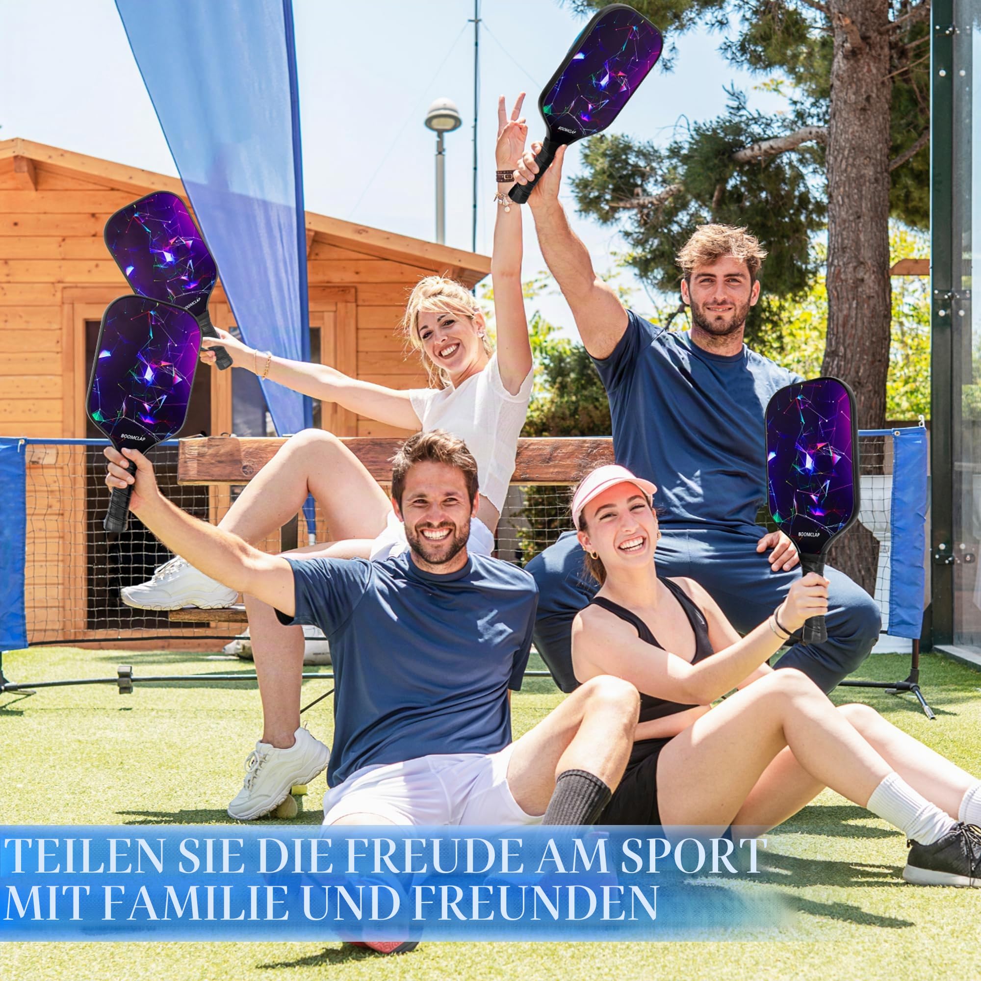 BOOMCLAP Pickleball-Paddel 2er-Set – Fiberglas-Oberfläche, komplett mit 2 Schlägern, 4 Bällen und tragbarer Tragetasche – ideal für Männer und Frauen