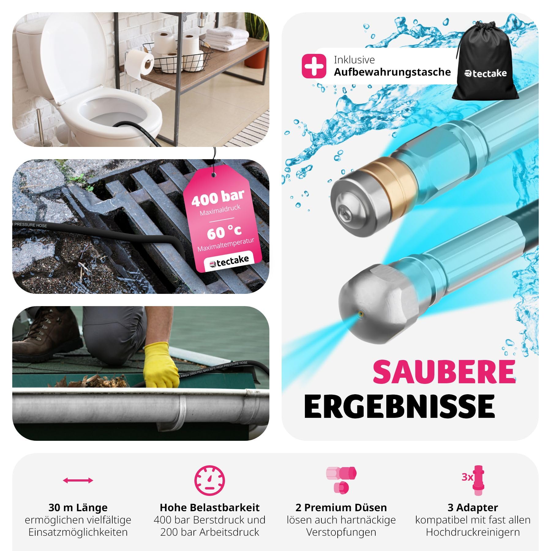 tectake® Rohrreinigungsschlauch 2x Rohrreinigungsdüse, Rohrreiniger Abflussreiniger für Hochdruckreiniger, Rohrreinigung für Abfluss, Abflussrohr, Kanalreiniger, Toilettenreiniger (30m)