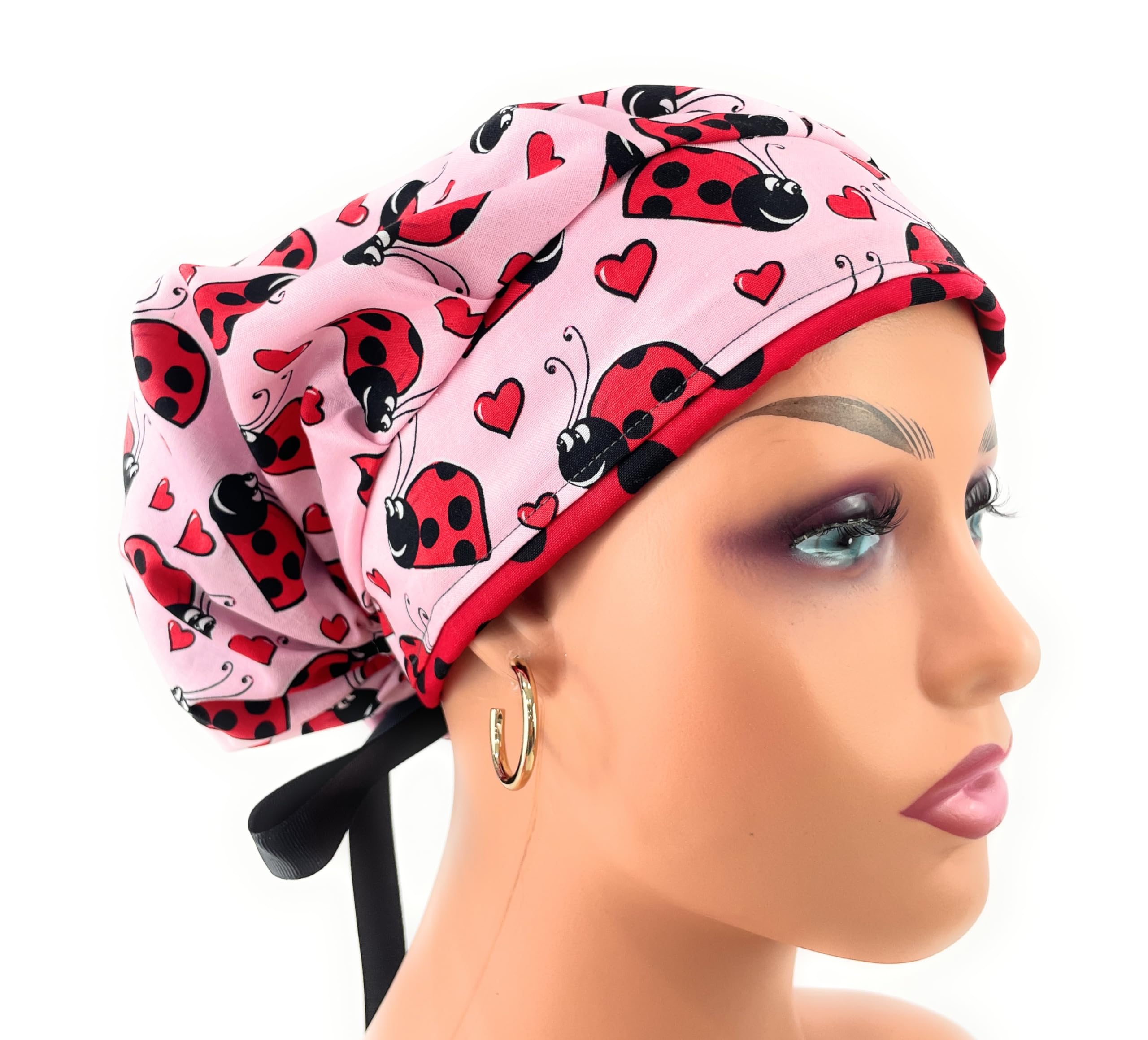 Bouffant Medical Scrub Cap - Lady Bugs - Sweatband/Ponytail Pouch//Nurses Hats/Dr. Hats/Long Hair Pink