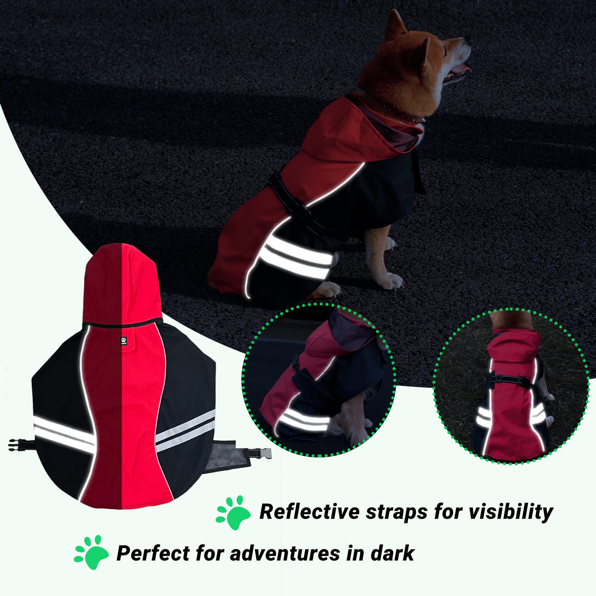 Impermeable para perros con capucha para perros medianos y grandes, poncho con correa reflectante, chaqueta ligera con agujero para correa.