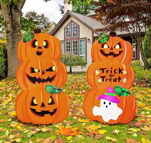 JOYIN - 2 carteles metálicos de Halloween para el jardín, decoración al aire libre, calabaza y fantasma, decoración del hogar, trucos o golosinas,