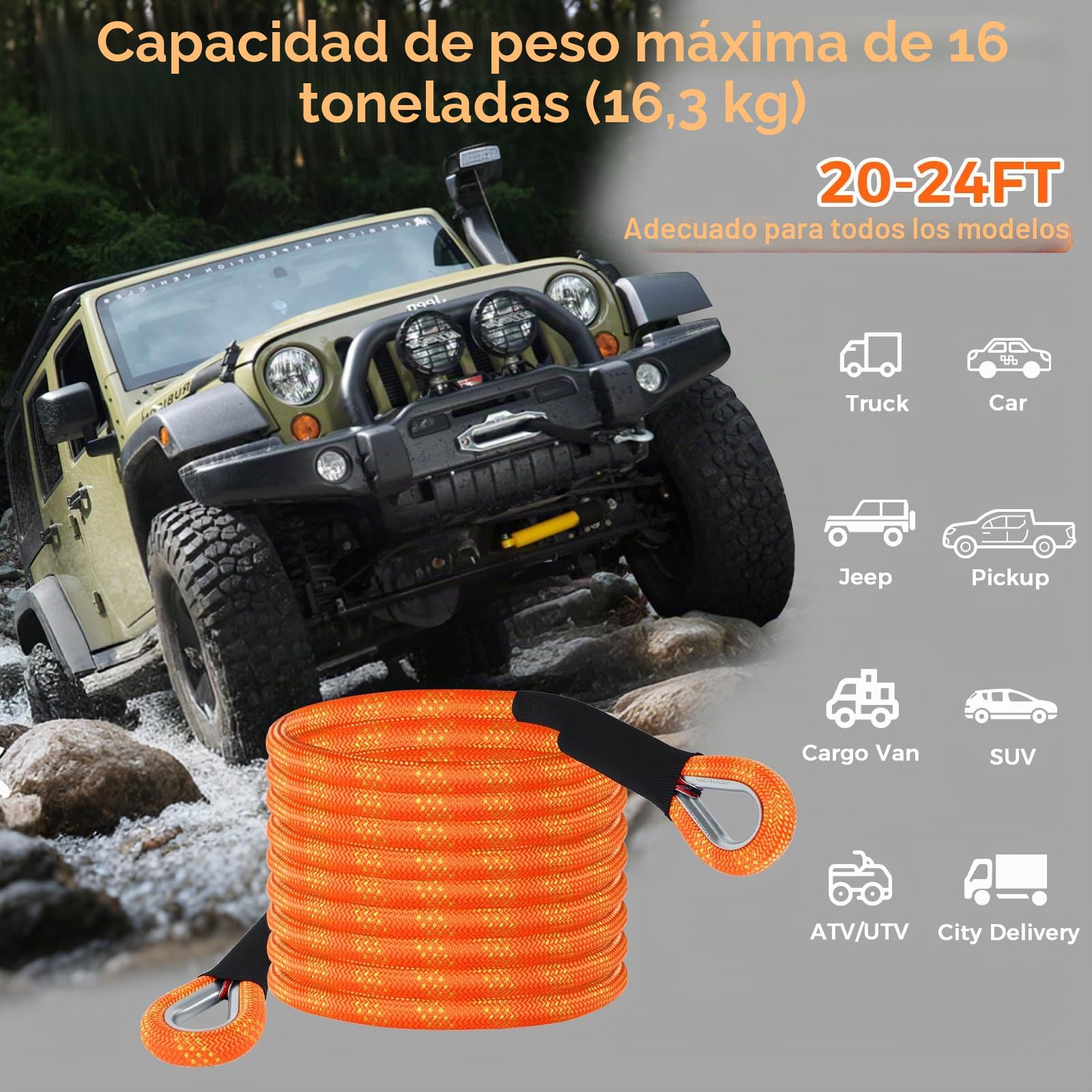 Cuerda de Remolque 6M (20 ft) 22.000 lbs (10T) Capacidad - con Guantes Antideslizantes+Bolsa de Almacenamiento+Accesorios - para Camiones,Jeep,Tractores,ATV,UTV, urismos - Rescate en Carretera