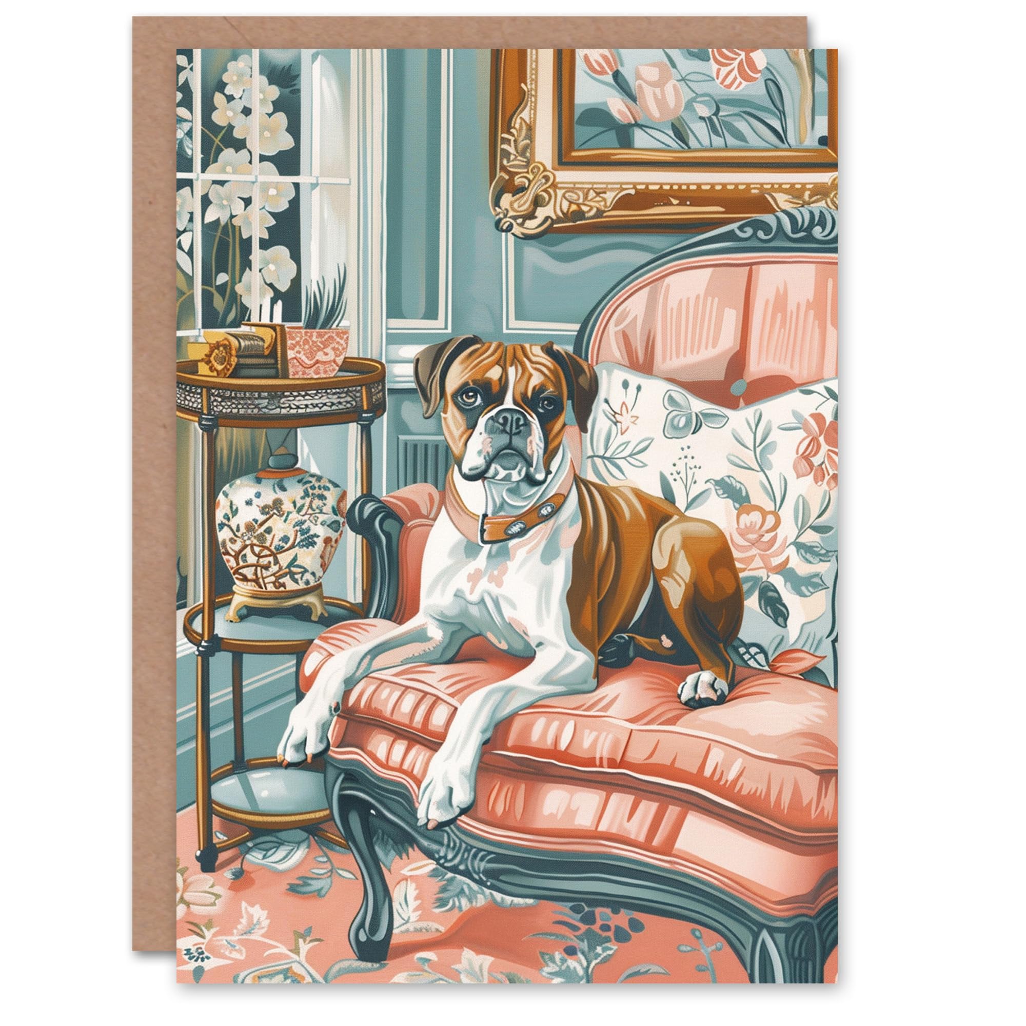 Artery8 Birthday Card Luxury Boxer Dog Lover Pink Teal Pet Portrait For Her Gran Sister Niece Daughter Wife Woman Greeting Card