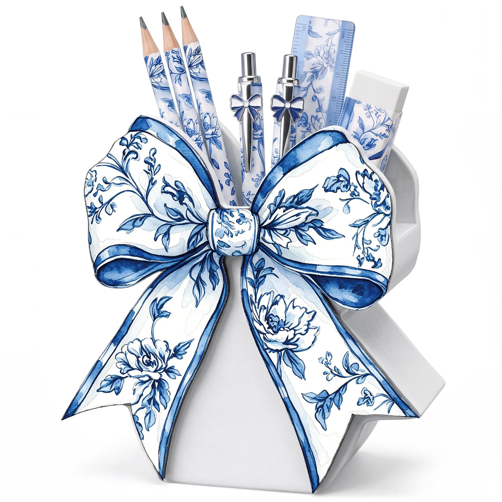 Tenceur Chinoiserie bow Pencil Holder for Desk Large Capacity Bow Wood Pen Holder Coquette Desk Organizer Cute Teacher Office Decor Makeup Brush School Supplies Back to School Gift for Girls Women