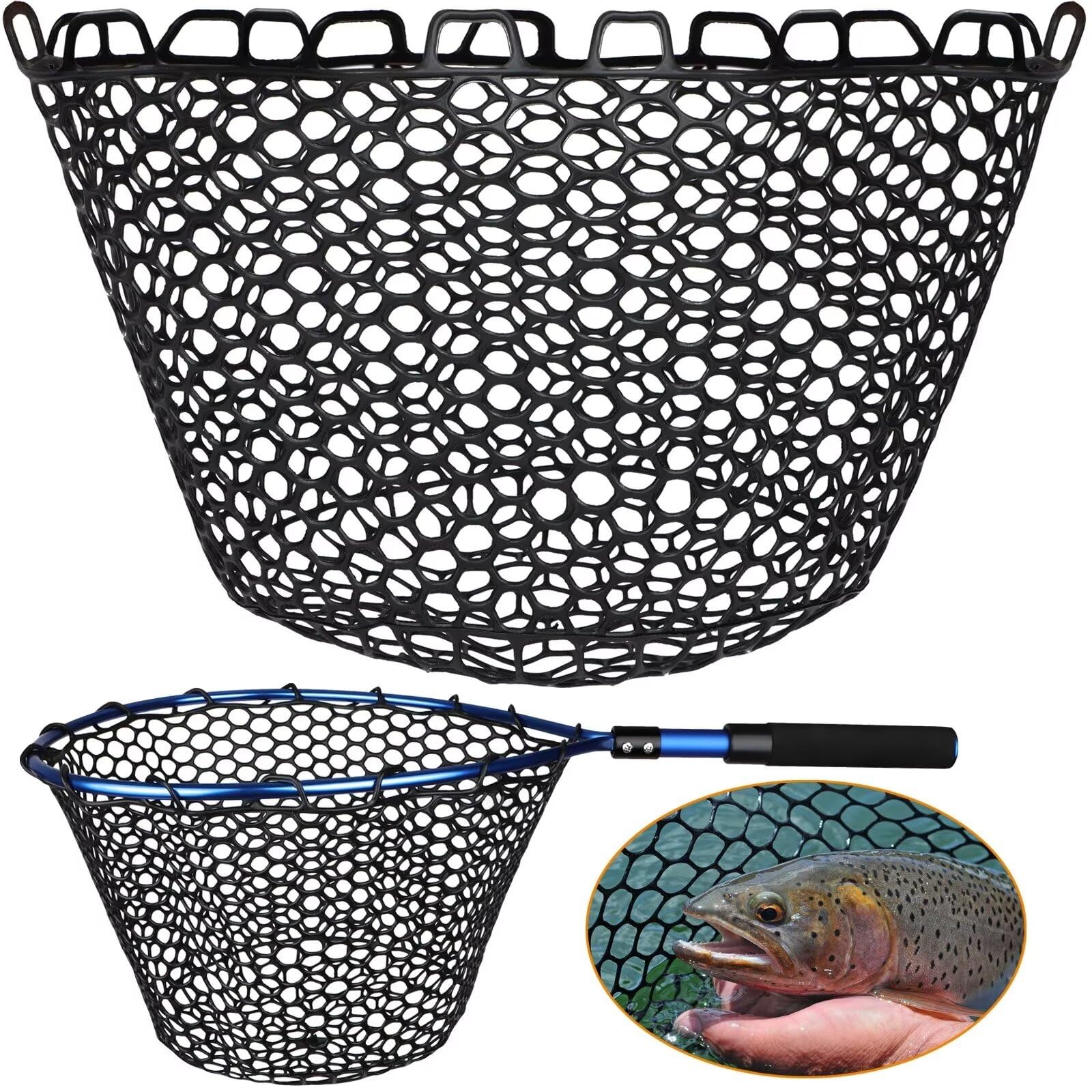 Dovesun Rubber Fishing Net Replacement Netting without Handle Clear Black Fishing Nets for Fish Fly Fish Landing Net Bag for Freshwater Saltwater Foldable Trout Net Rubber Mesh 5 Sizes