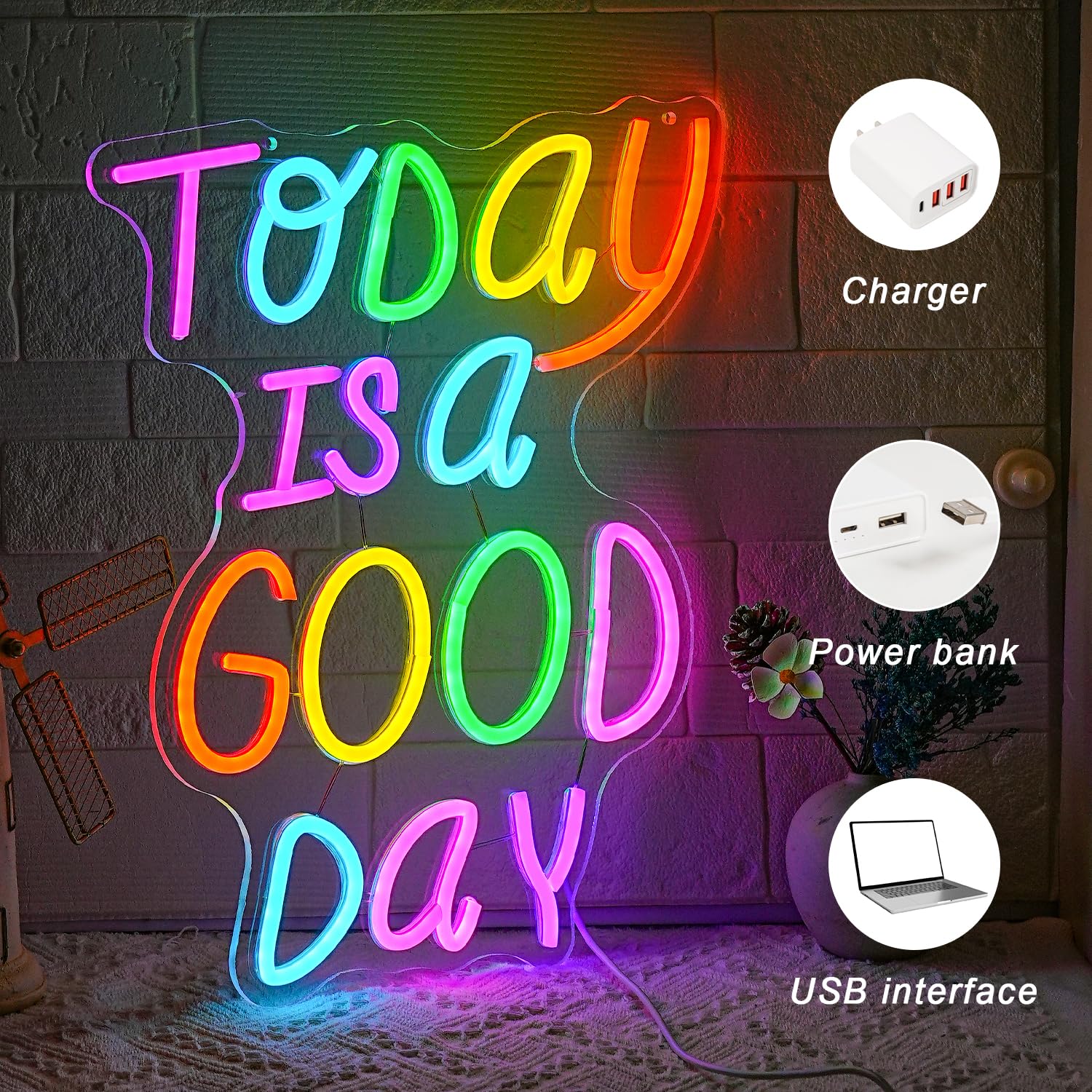Heute ist ein guter Tag Neon Zeichen Brief Neon Licht Bunte Worte Neon Licht Zeichen Motivation LED Licht Zeichen für Bar Café Restaurant Büro Wohnzimmer