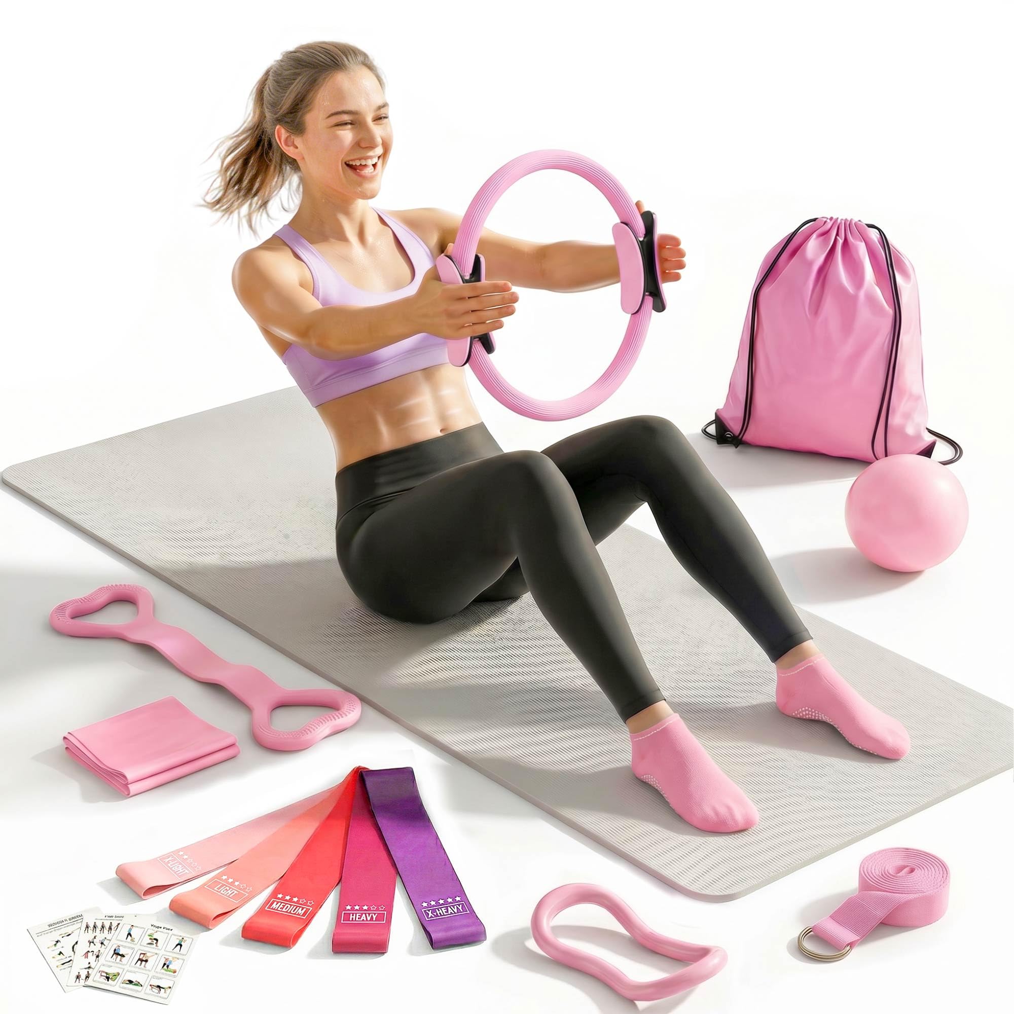 OKPOW Pilates Equipment for Women Exercise: 13pcs Pilates Essential Kit at Home Workout Gear with Ball, Ring & Resistance Bands,Portable Fitness Set for Beginners Men, Stop Searching & Start Training