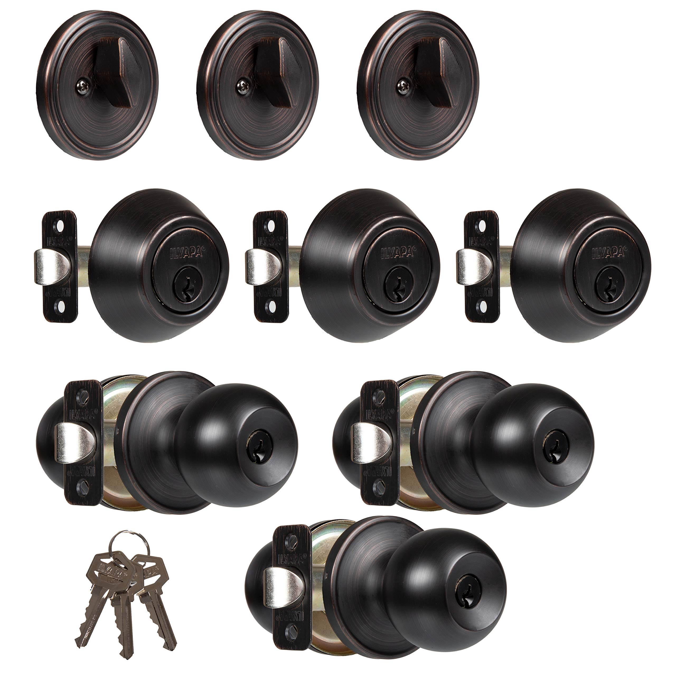 IlyapaEntry Knob with Single Cylinder Deadbolt - Keyed Alike Locks, Ball Style, Oil Rubbed Bronze Exterior Door Keyed Alike Turn Thumb Locking Door Knob with Deadbolt, Oil Rubbed Bronze, 3 Pack
