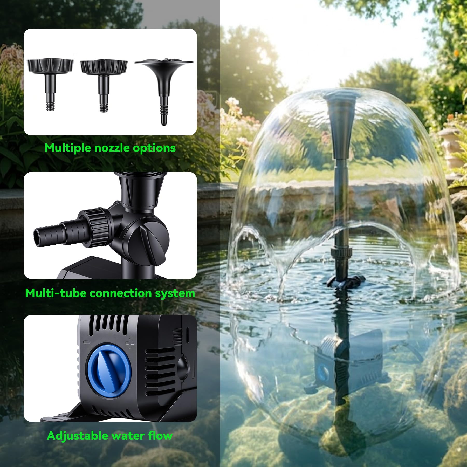 Pompa per Fontana da Giardino 1500L/h 25W, Pompa per Laghetto Sommergibile con Filtro e Ugelli, Risparmio Energetico per Decorazioni Acquatiche