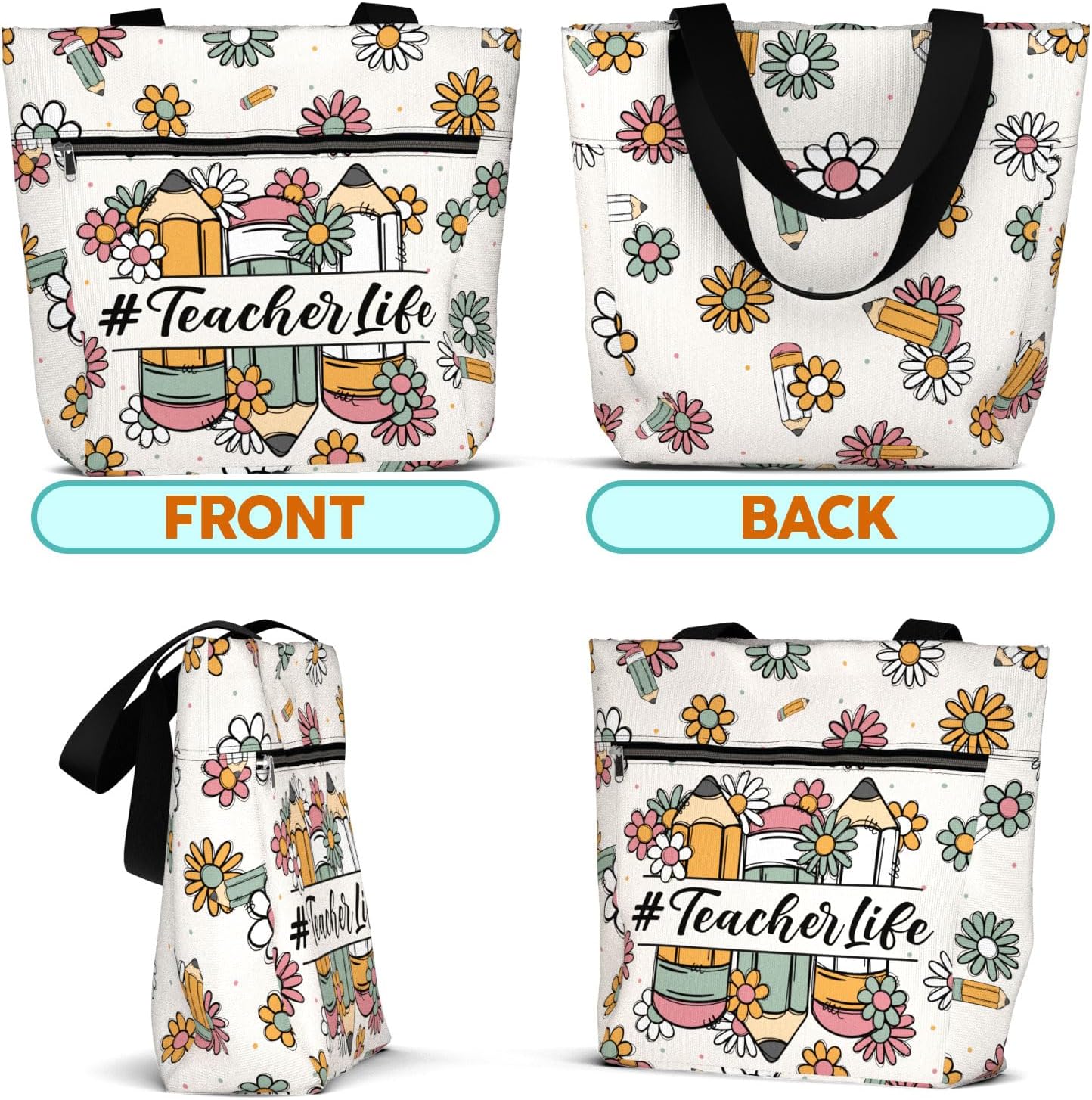 84hoods Large Tote Bag for Women Teacher. Aesthetic Shoulder Bag with Pockets and Zipper for Work. Gift for Teacher.