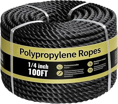 Black Twisted Polypropylene Rope, 1/4 Inch 100FT Heavy Duty Poly Rope,UV & Oil Resistant,Waterproof Floating Ropes for Outdoor, Marine, Pool, Boat,Dock Line,Construction