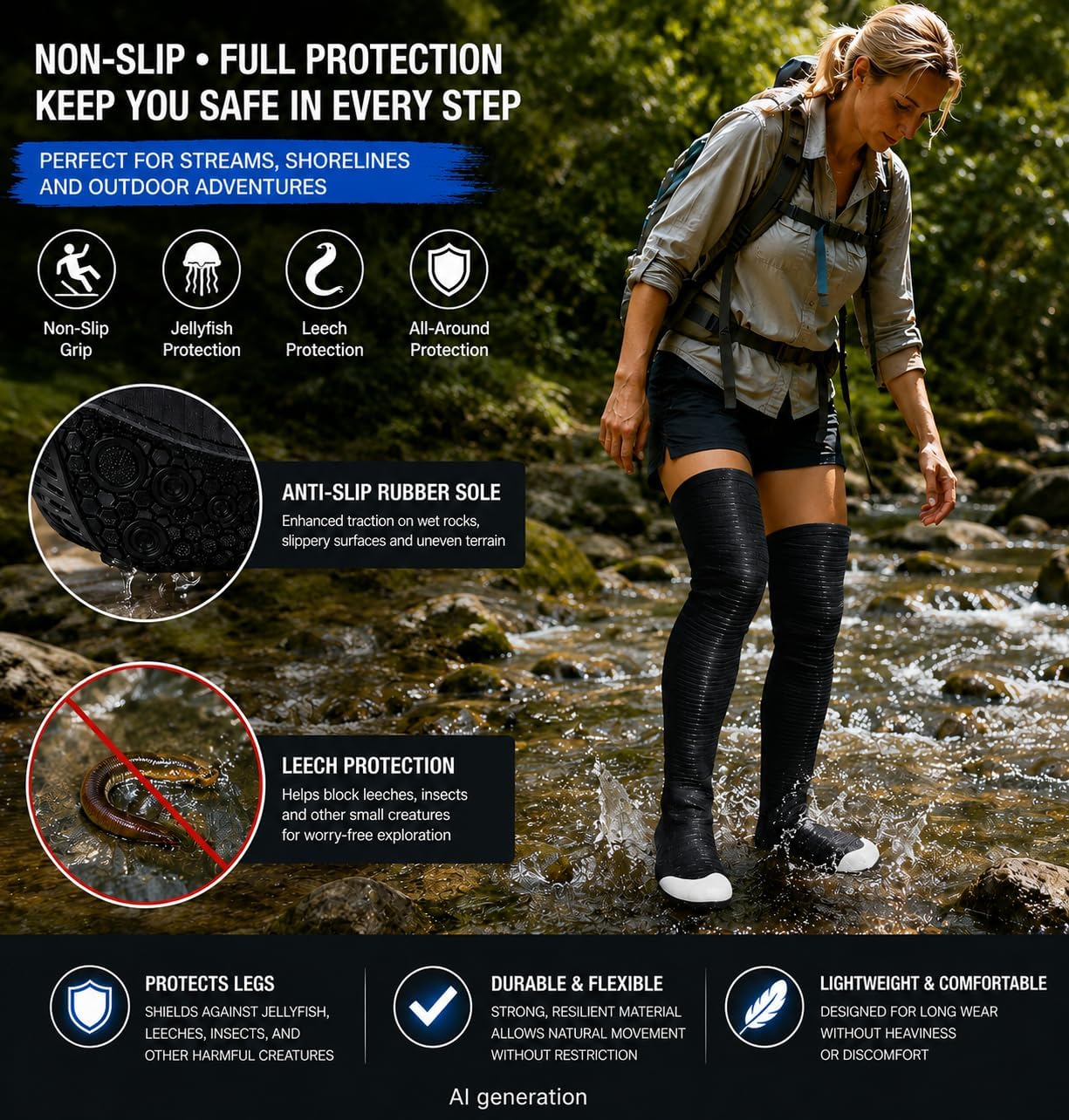 Over-the-Knee Breathable Wading Shoes for Men & Women, Non-Waterproof Quick Dry Lightweight Foldable Water Boots, Anti-Slip Puncture Resistant Sandproof Saltwater Resistant Footwear for Fishing, Tidal Flat Work & Beach Sports