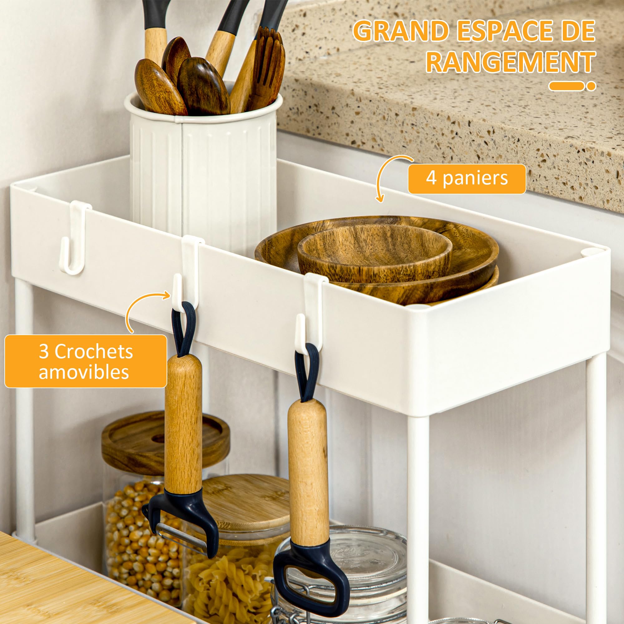 HOMCOM Desserte Chariot de Rangement 4 Niveaux, Chariot de Service Blanc | Desserte à Roulettes avec Paniers et Crochets Amovibles, pour Cuisine, Salon, Salle de Bain, Bureau