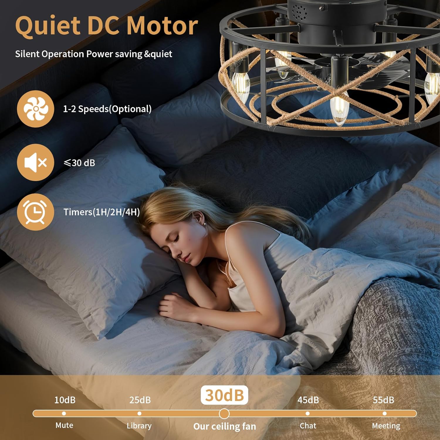 Farmhouse Caged Ceiling Fan with Light, 18 Inch Rattan Low Profile Flush Mount Ceiling Fans with Light, 6 Speed, Timing, Reversible DC Motor, Boho Small Ceiling Fan Light for Bedroom, Kitchen, Indoor