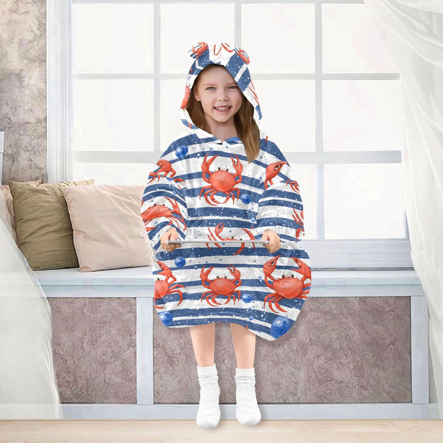 Cute Crab Stripe Kids Wearable Blanket Hoodie with Pocket and Sleeves for Toddlers, Cute Hoodies Girls Boys B0404075