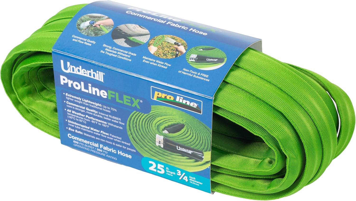 ProLine Flex Fabric Garden Water Hose, Flexible, Rubber Core, Lightweight, Collapsible, Aluminum End Fittings, Hot Water Safe, 600 PSI Burst Pressure, 300 PSI Working Pressure, 3/4 Inch x 50 ft Long