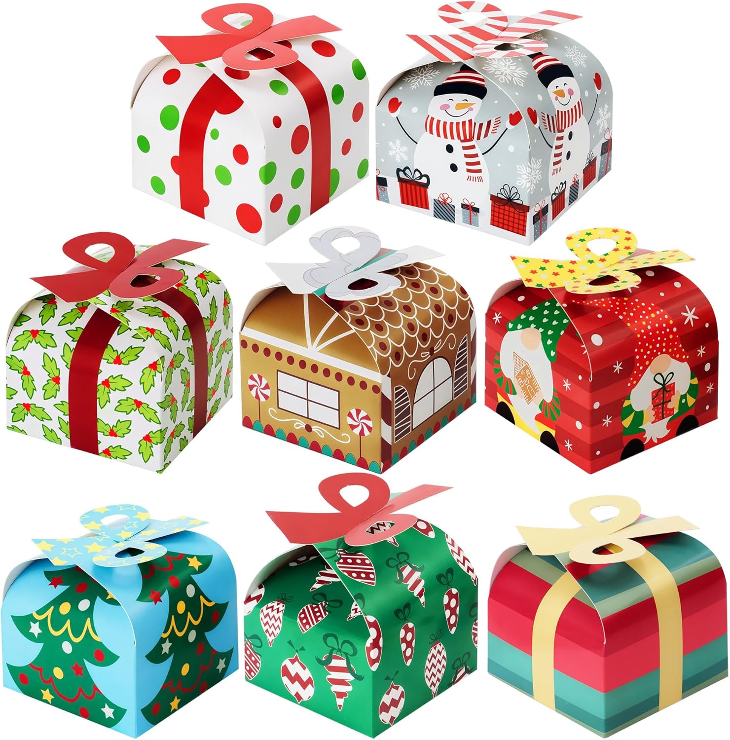 JOYIN 24 PCS 3D Christmas Goody Gift Boxes with Bow for Holiday Xmas Goodie Paper Boxes, School Classroom Party Supplies, Candy Treat Cardboard Cookie Boxes for Gift Giving (3.75” x 3.75” x 3.1”)