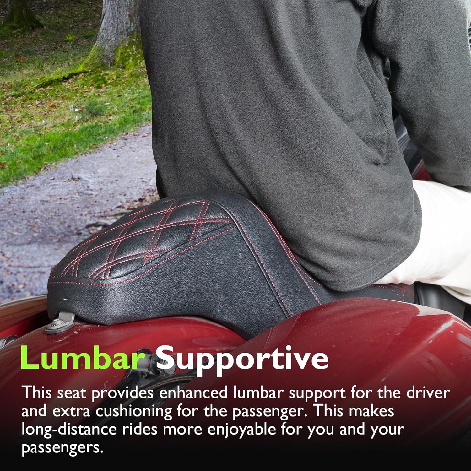 Mofun Motorcycle Driver Passenger Seat One-Piece Two Up Seat PU Leather Compatible with Harley Touring Road King Road Electra Street Glide 2008-2023, Red Stitching