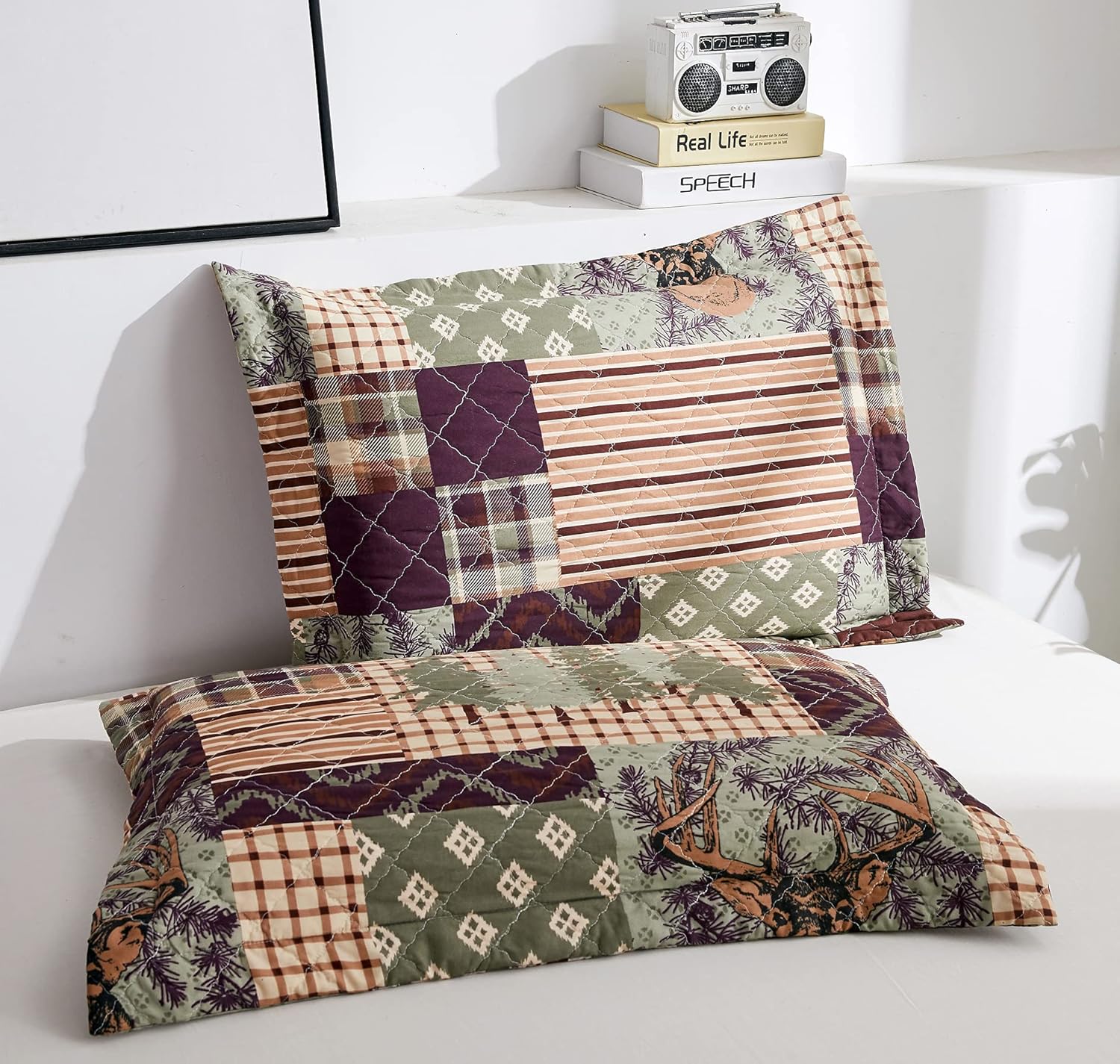 3-Piece Moose Pine Tree Reversible Quilt Set, Checked Color Stripe Rustic Home Lodge The Wilds Quilted Bedspread Coverlet Bedding Set, Lightweight Breathable for All Season (Full/Queen, White Deer) - Image 5