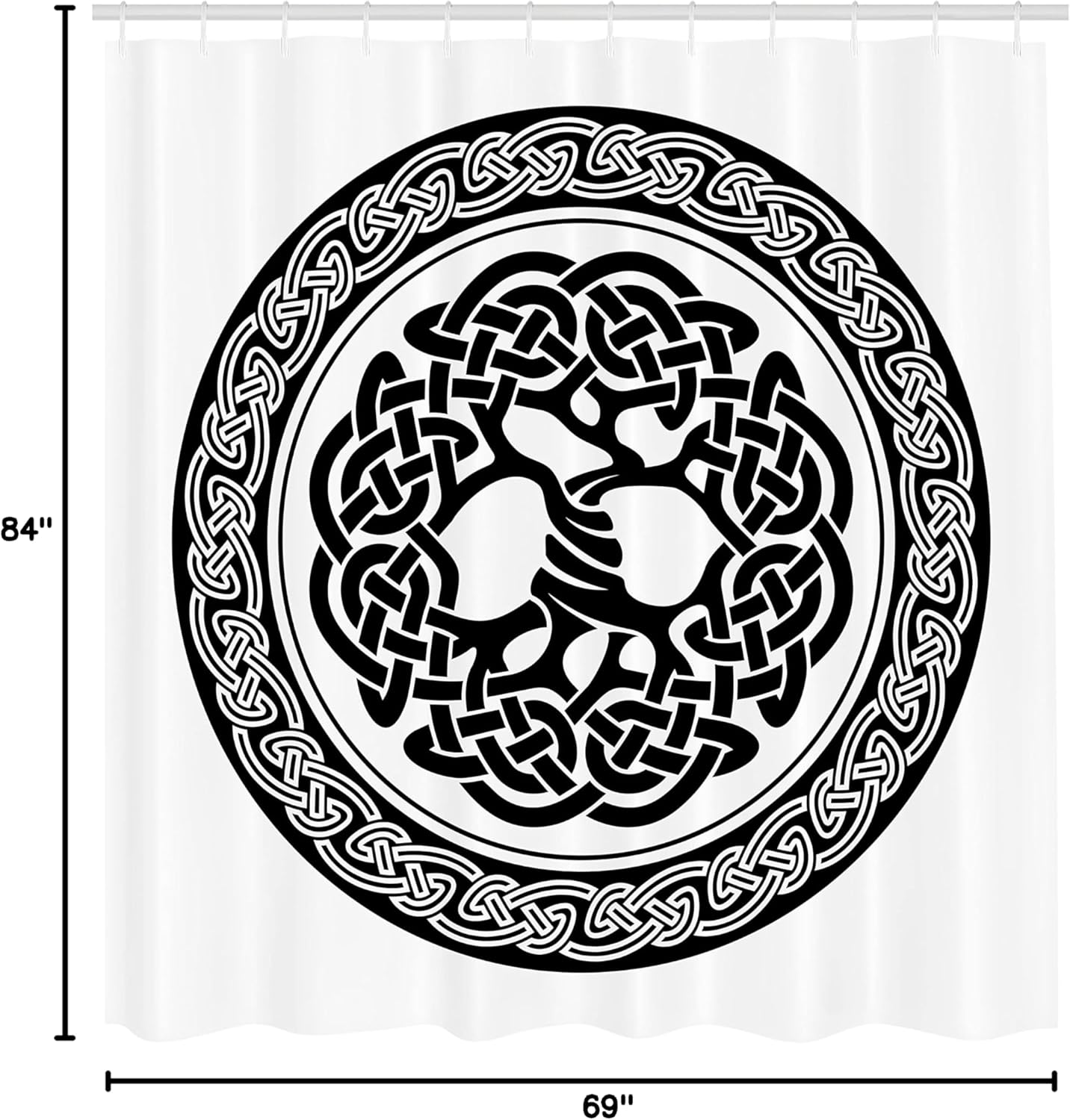 Ambesonne Celtic Shower Curtain, Native Celtic Tree of Life Ireland Early Renaissance Modern Design, Cloth Fabric Bathroom Decor Set with Hooks, 69" W x 84" L, White Black