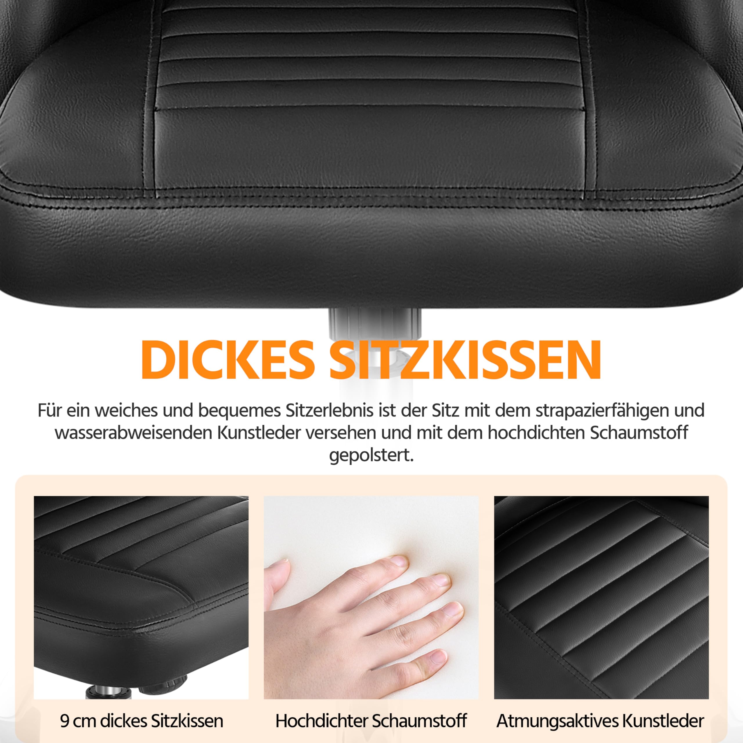 Yaheetech Bürostuhl ohne Armlehne Schreibtischstuhl Drehstuhl mit Rollen ergonomischer Schreibtischsessel höhenverstellbar Arbeitshocker Schminkstuhl Kunstleder Schwarz