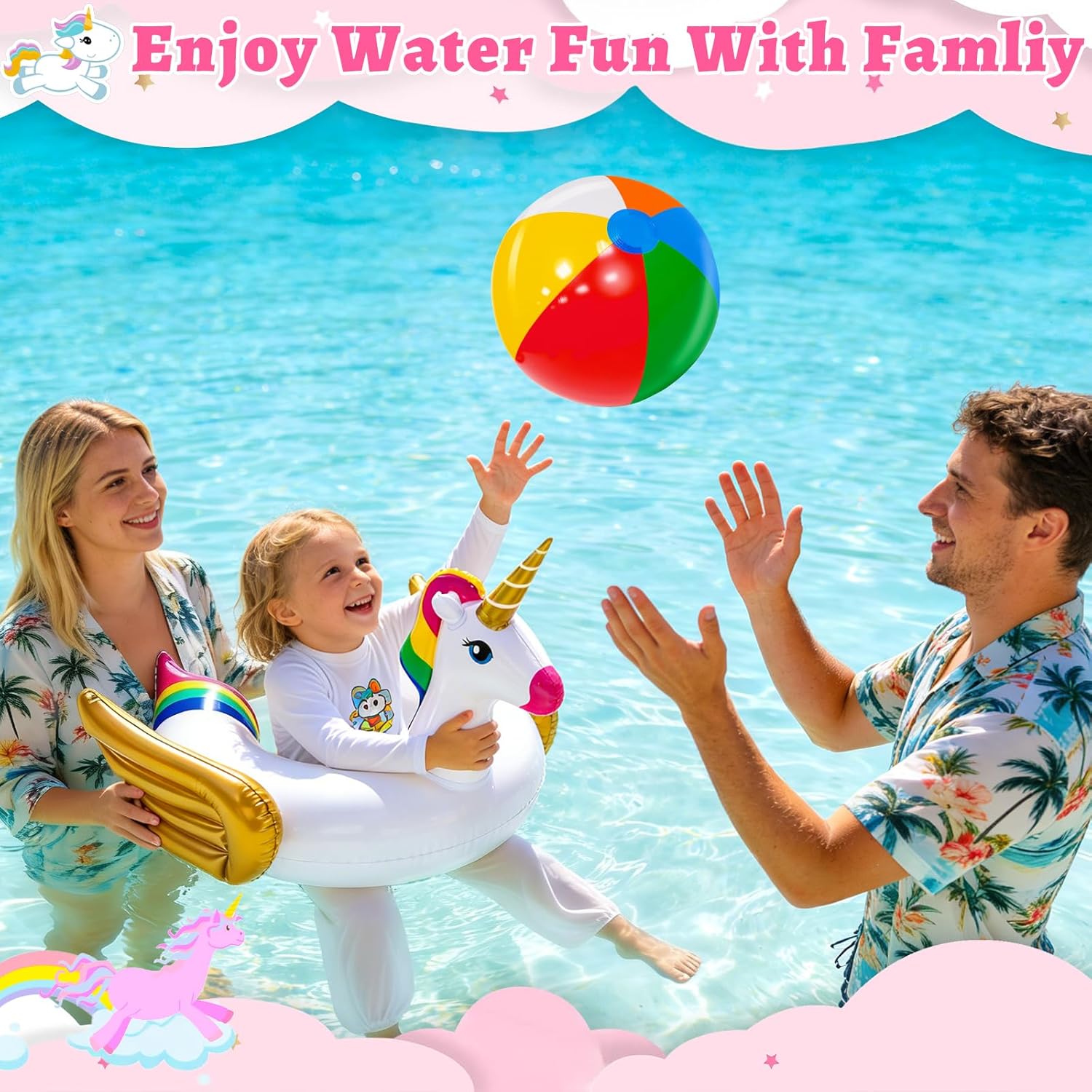 2 Pcs Pool Floats for Kids-Unicorn Swim Floats & Beach Ball Summer Beach Pool Toys,Inflatable Pool Floaties Unicorn Swimming Ring Ride On for Kids 3-8 Years Girls Boys Toddler Summer Party Water Toys