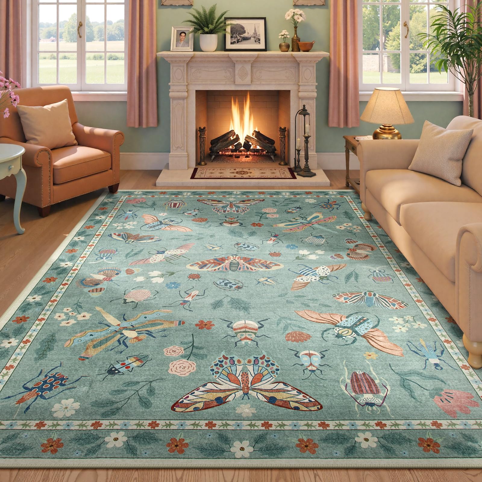 Beeiva Insect Print Washable Area Rug 6x9 for Bedroom Under Bed - Sage Green Non Slip Dining Room Rugs for Under Table, Stain Resistant Large Carpet