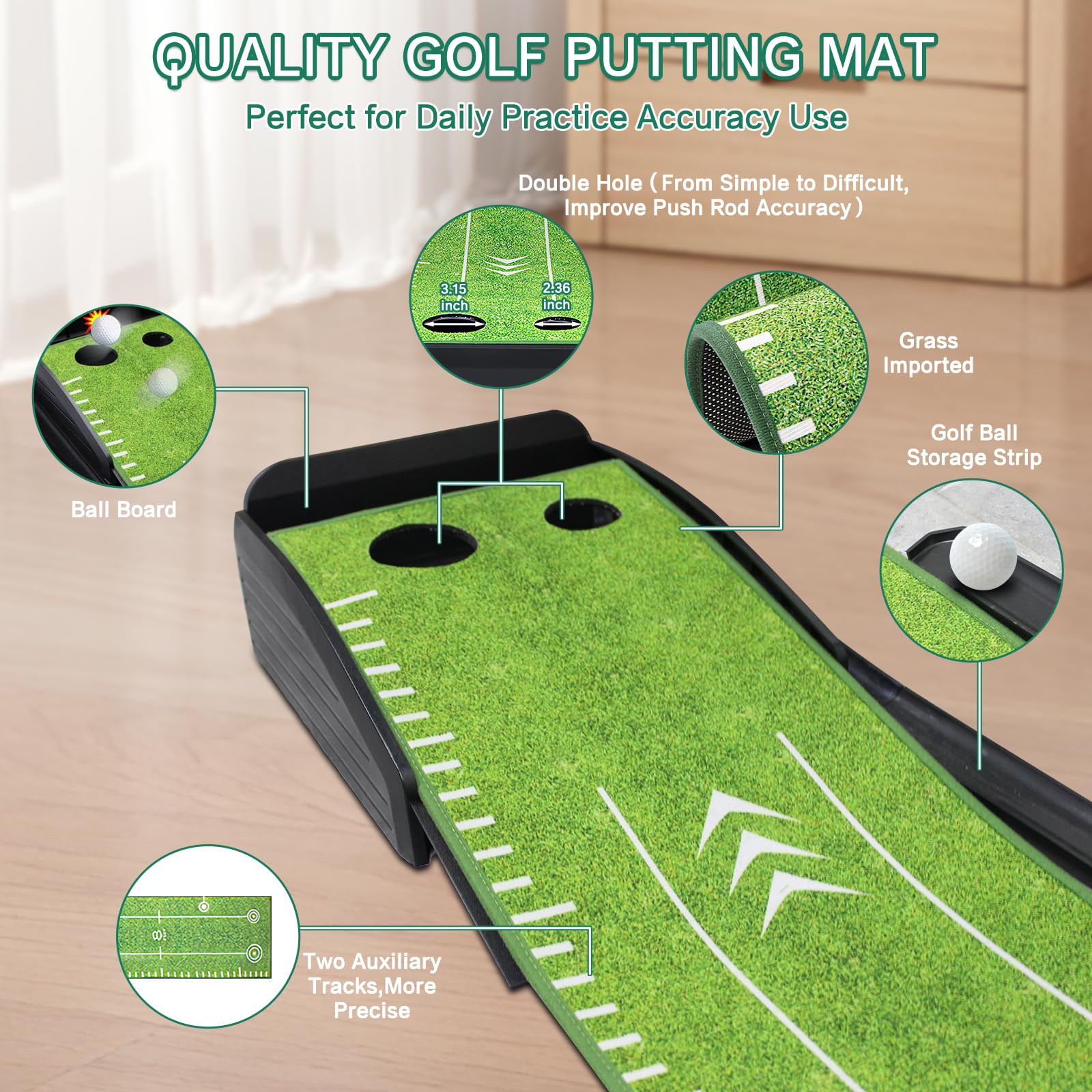Losbenco Tappetino da golf verde con putter e 6 palline da golf, attrezzatura per allenamento con sistema di ritorno automatico della palla, per casa, ufficio, cortile, uso interno ed esterno