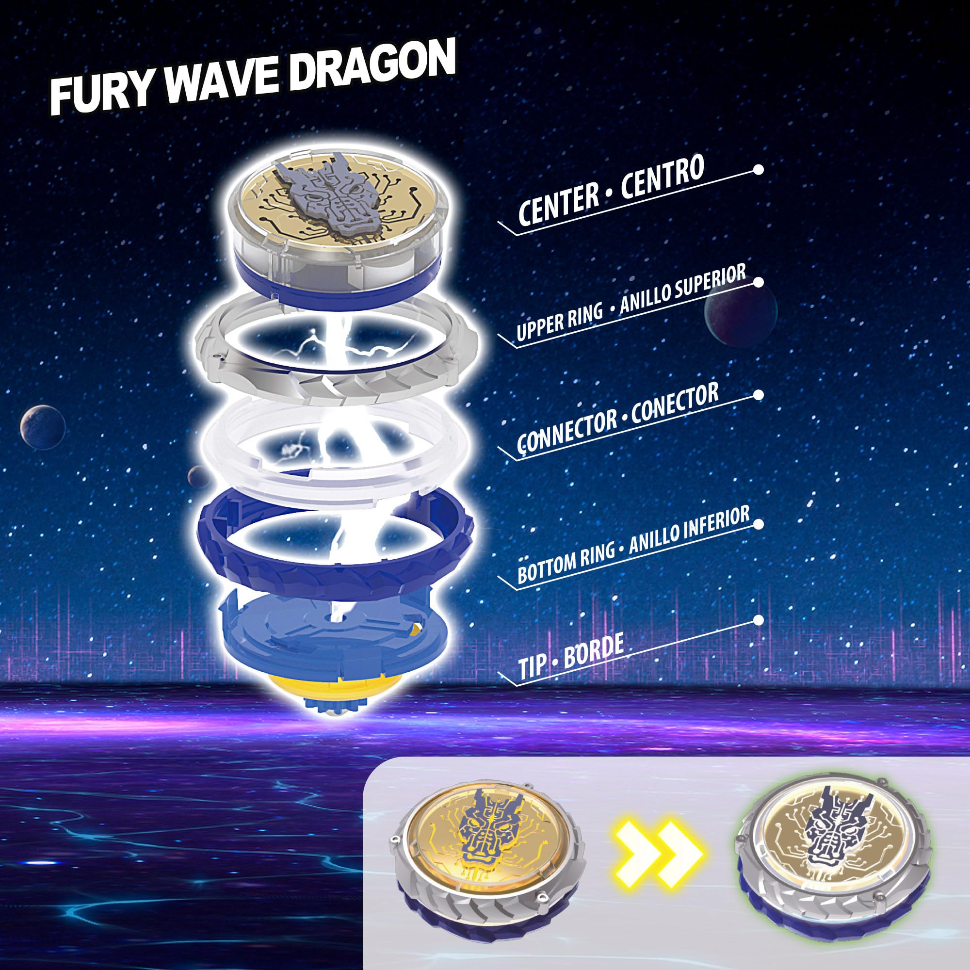 COLORBABY Infinity Nado S6 Advanced Pack Fury Wave Dragon, Espada lanzadora, Peonza de Luces y Piezas Intercambiables, Juguete de Combate Personalizable (48091)