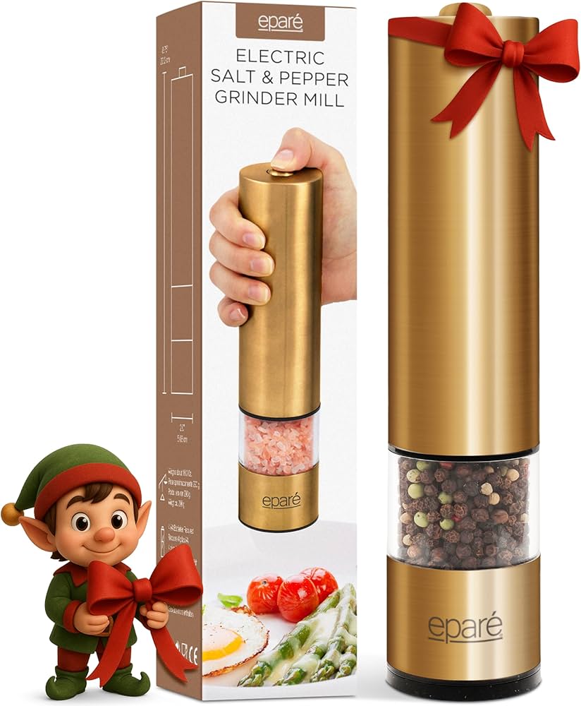 Eparé Brass Salt and Pepper Mill - Battery Operated Gold Pepper Grinder with Ceramic Burr - Automatic Steel Peppermills With LED Light - Gold or Brass Color