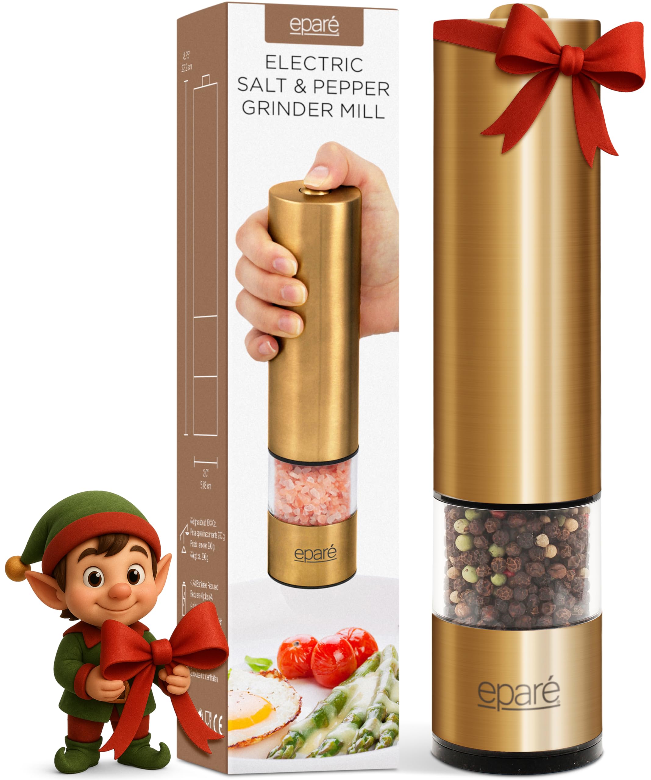 Eparé Brass Salt and Pepper Mill - Battery Operated Gold Pepper Grinder with Ceramic Burr - Automatic Steel Peppermills With LED Light - Gold or Brass Color