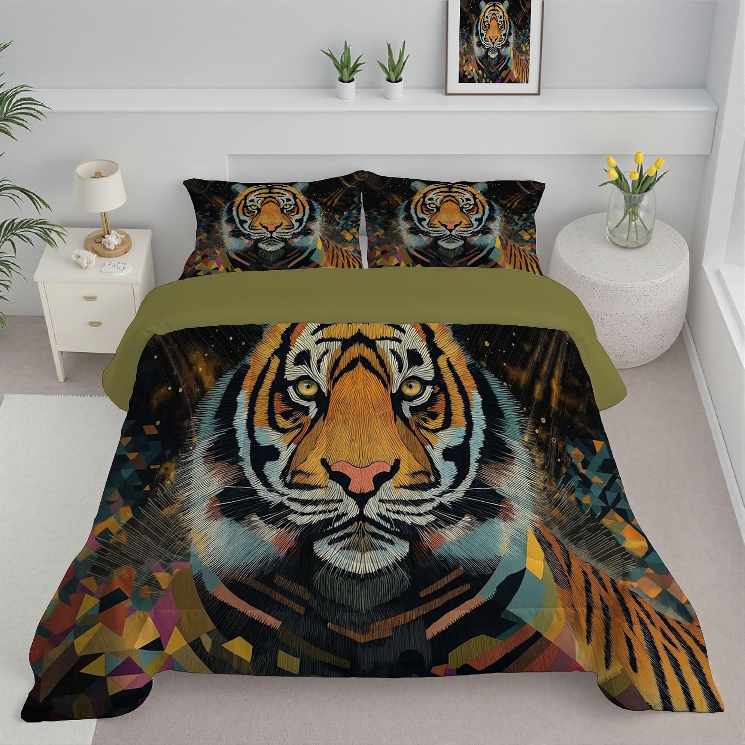 Mosaic Animals Comforter Set Full Size, Geometric Tiger Bedding Set for Teens Adults Room, Yellow Soft 80" x 90" Quilt with 2 Pillow Cases, Lightweight Yellow Quilt for All Season