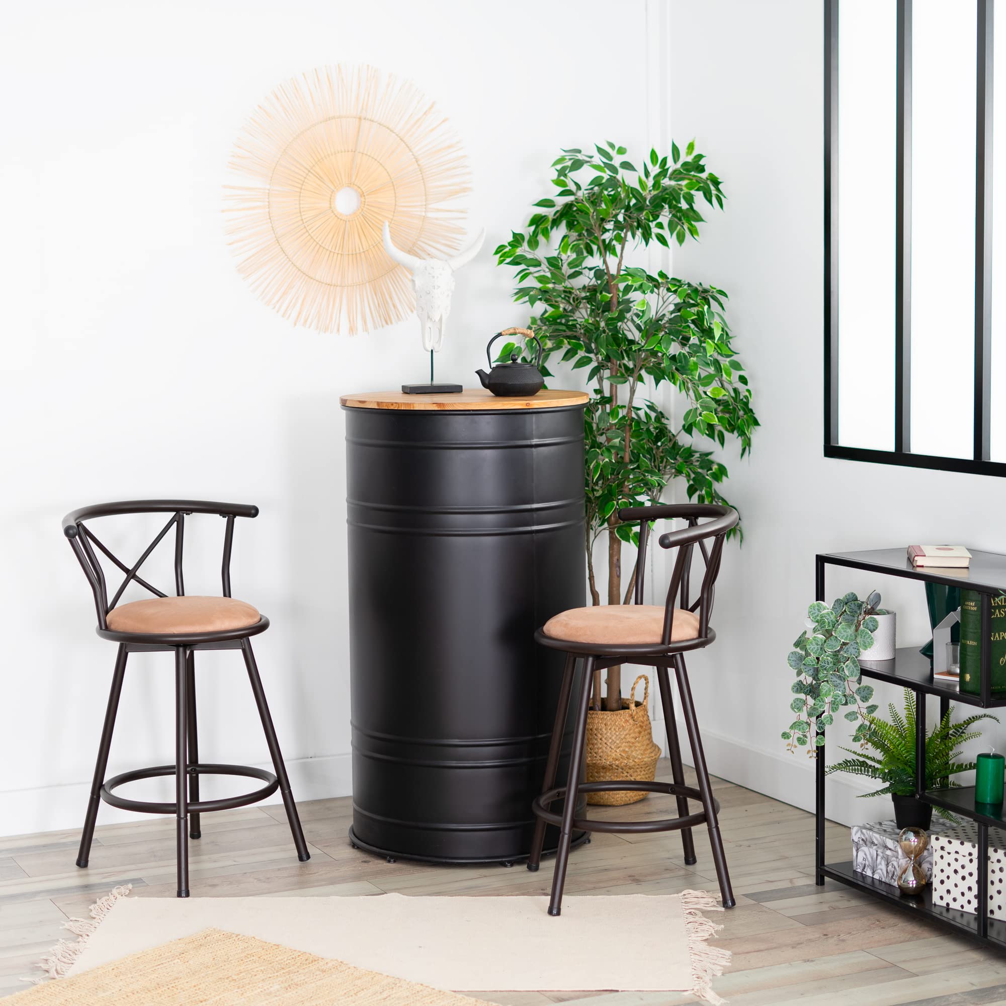 MEUBLE COSY Lot de 2 Tabourets de Bar Vintage pivotant sur 360° avec Dossier et Repose-Pieds Siège de 63 cm de Haut Style industriel Marron