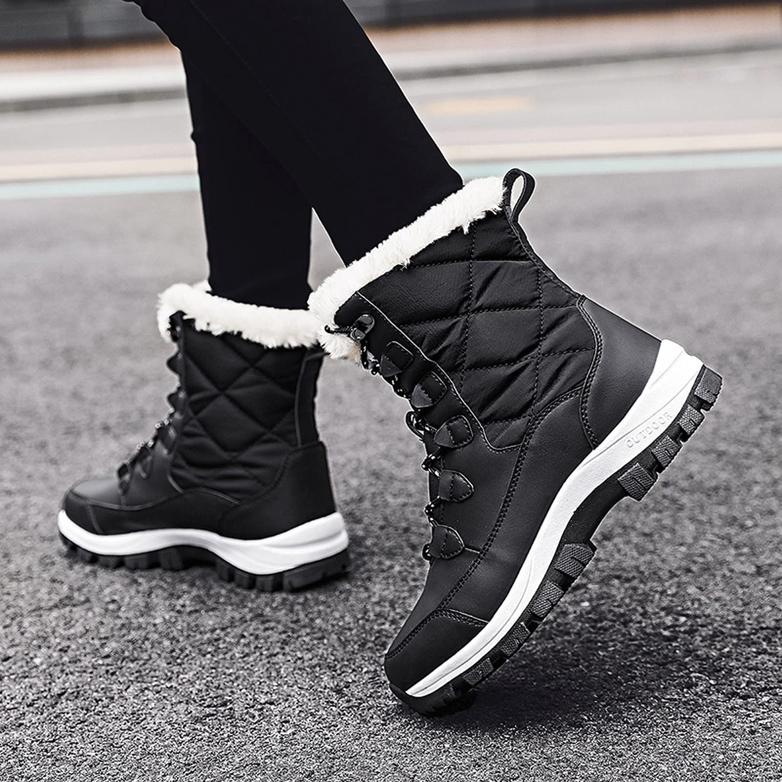 FLIOZY Bottes de Neige Femme Doublure Chaude Fausse Fourrure Bottes Bottes d'hiver Imperméable Antidérapant Bottes Mi-Mollet Extérieur Lacets Boots