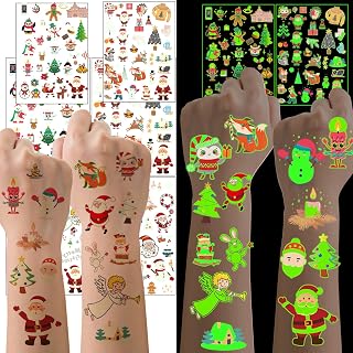 Christmas Party Favors for Kids - 128PCS Luminous Christmas Tattoos Glow in the Dark Goodie Bag Stocking Stuffers, Xmas Temporary Tattoos Party Supplies Decorations for Kids | 4 Sheets (6 x 8.2 inch)