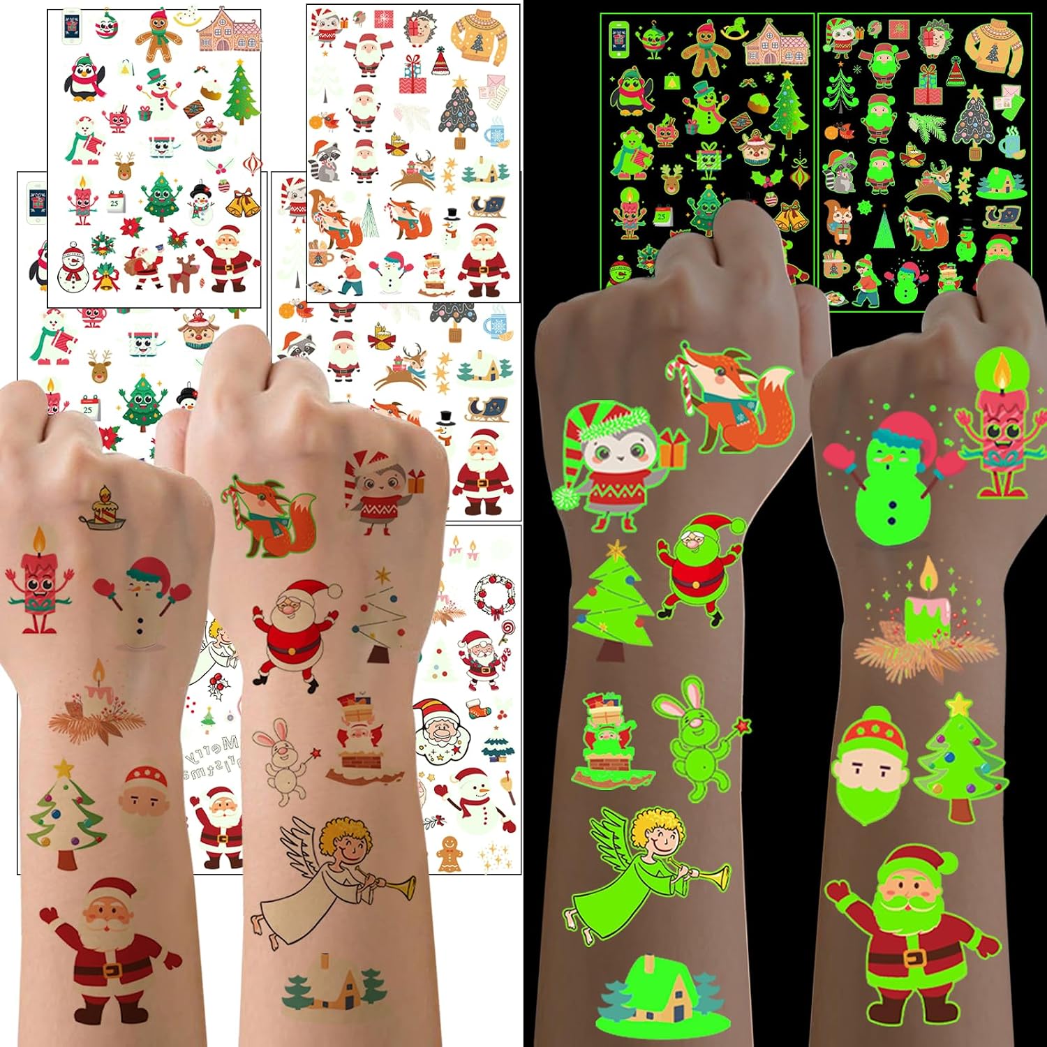 Christmas Party Favors for Kids - 128PCS Luminous Christmas Tattoos Glow in the Dark Goodie Bag Stocking Stuffers, Xmas Temporary Tattoos Party Supplies Decorations for Kids | 4 Sheets (6 x 8.2 inch)