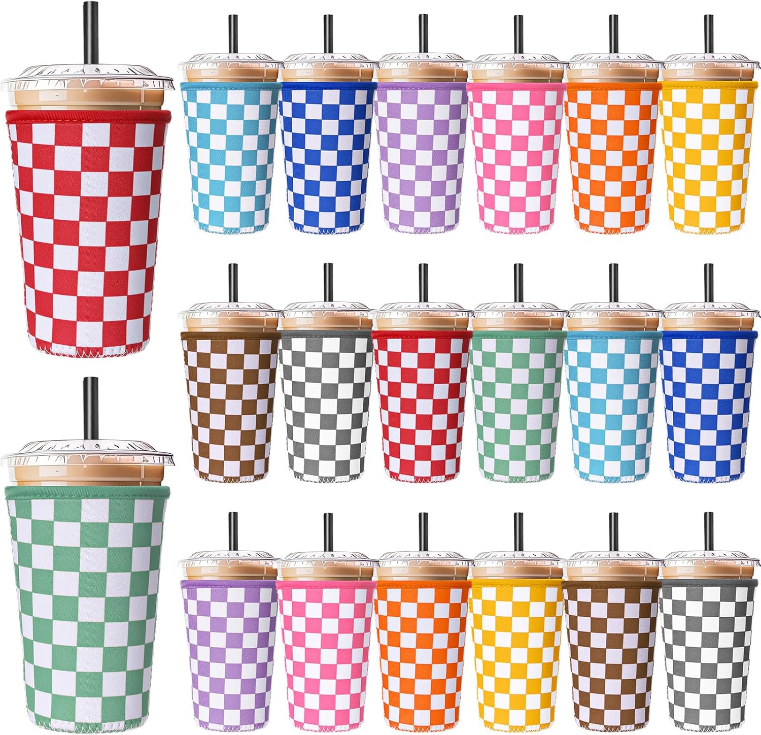 Irenare 20 Pcs Checkerboard Reusable Iced Coffee Sleeve Neoprene Insulator Cup Sleeve for Cold Beverages Cups Neoprene Holder for Cold and Hot Drinks Fits Coffee Cups 22-24oz, Medium