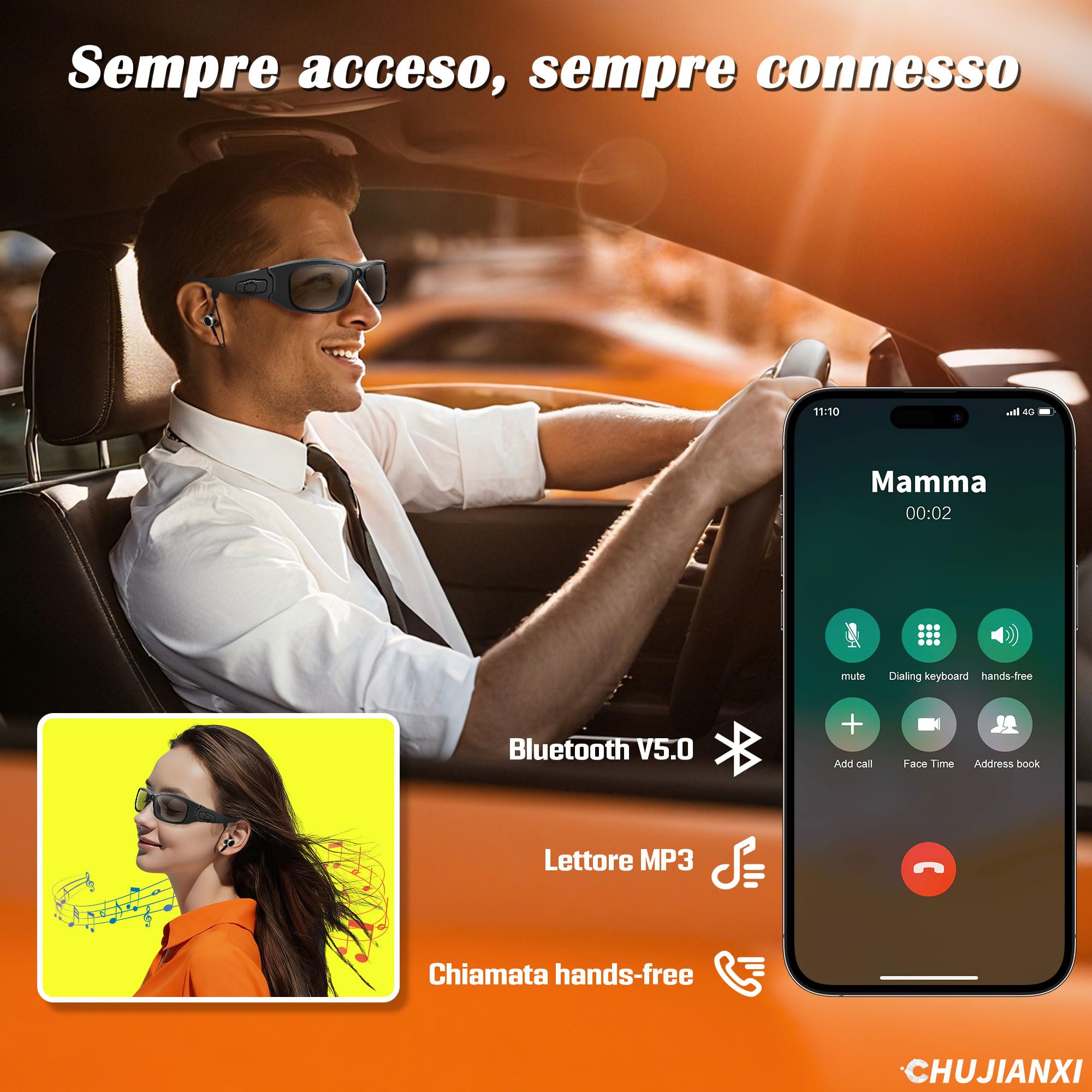 Occhiali con Telecamera con Bluetooth, Intelligenti Occhiali Smart HD 1080P | Portatile Occhiali da Sole Sport Telecamera Nascosta, Mini Videocamera per Riprodurre Musica, Scattare Foto e Video